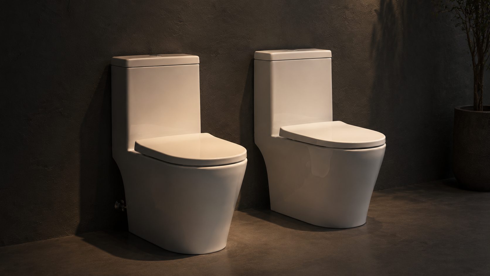A modern white rimless ceramic toilet and a rimmed ceramic toilet shown side by side in a clean studio scene, highlighting the difference under the rim