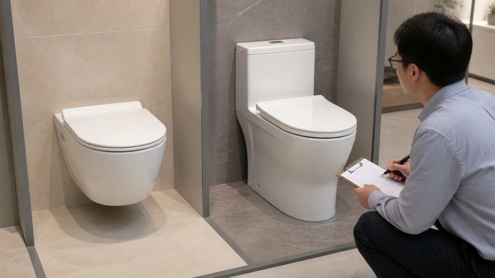 Compact and elongated toilet seat silhouettes compared on two ceramic toilet samples