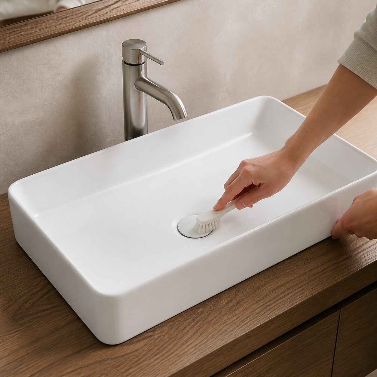 Soft nylon detail brush cleaning gently around a ceramic basin drain