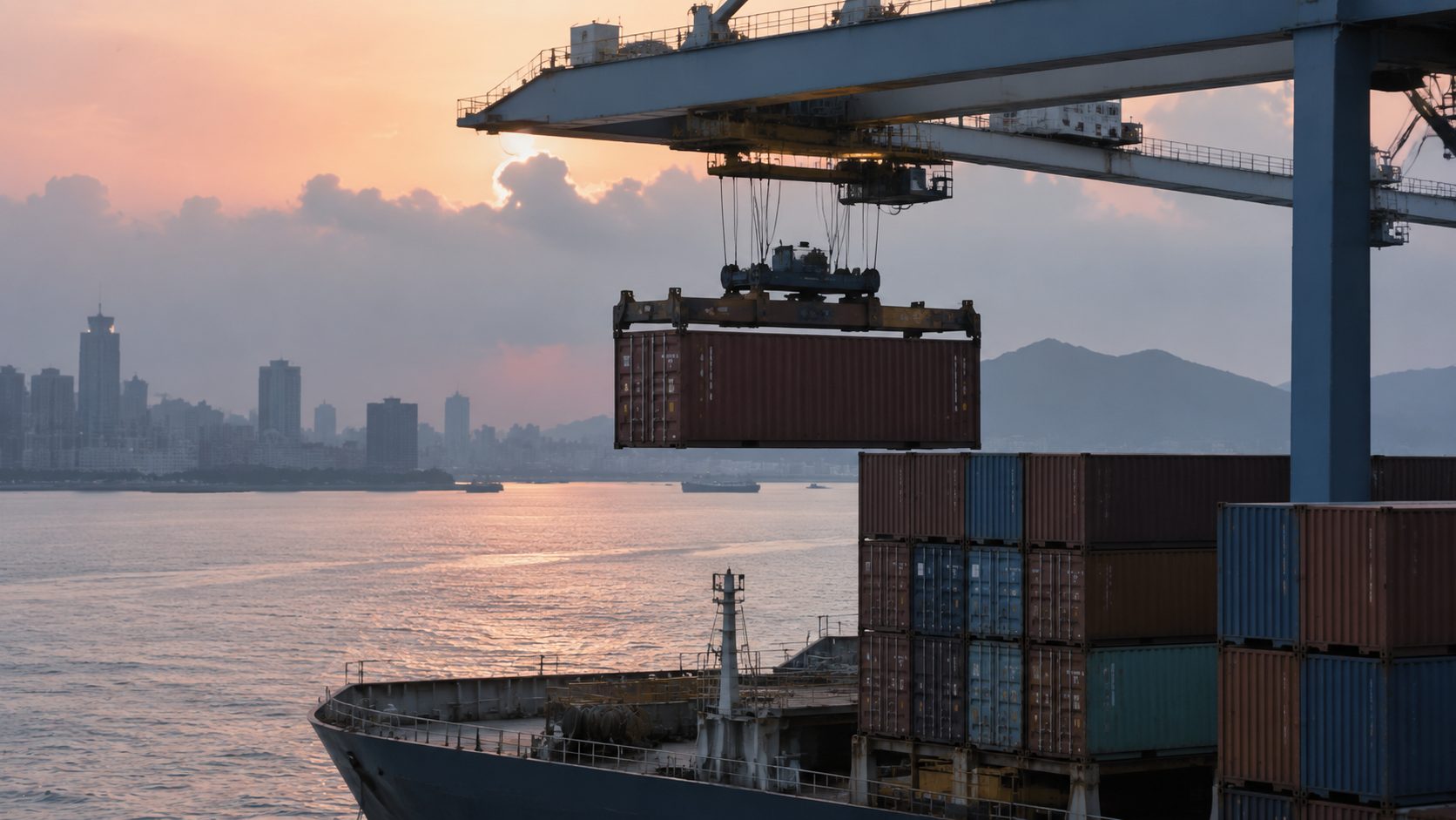 港口堆場上、龍門吊下堆疊的貨櫃,代表一個裝好的衛浴貨櫃的出口旅程