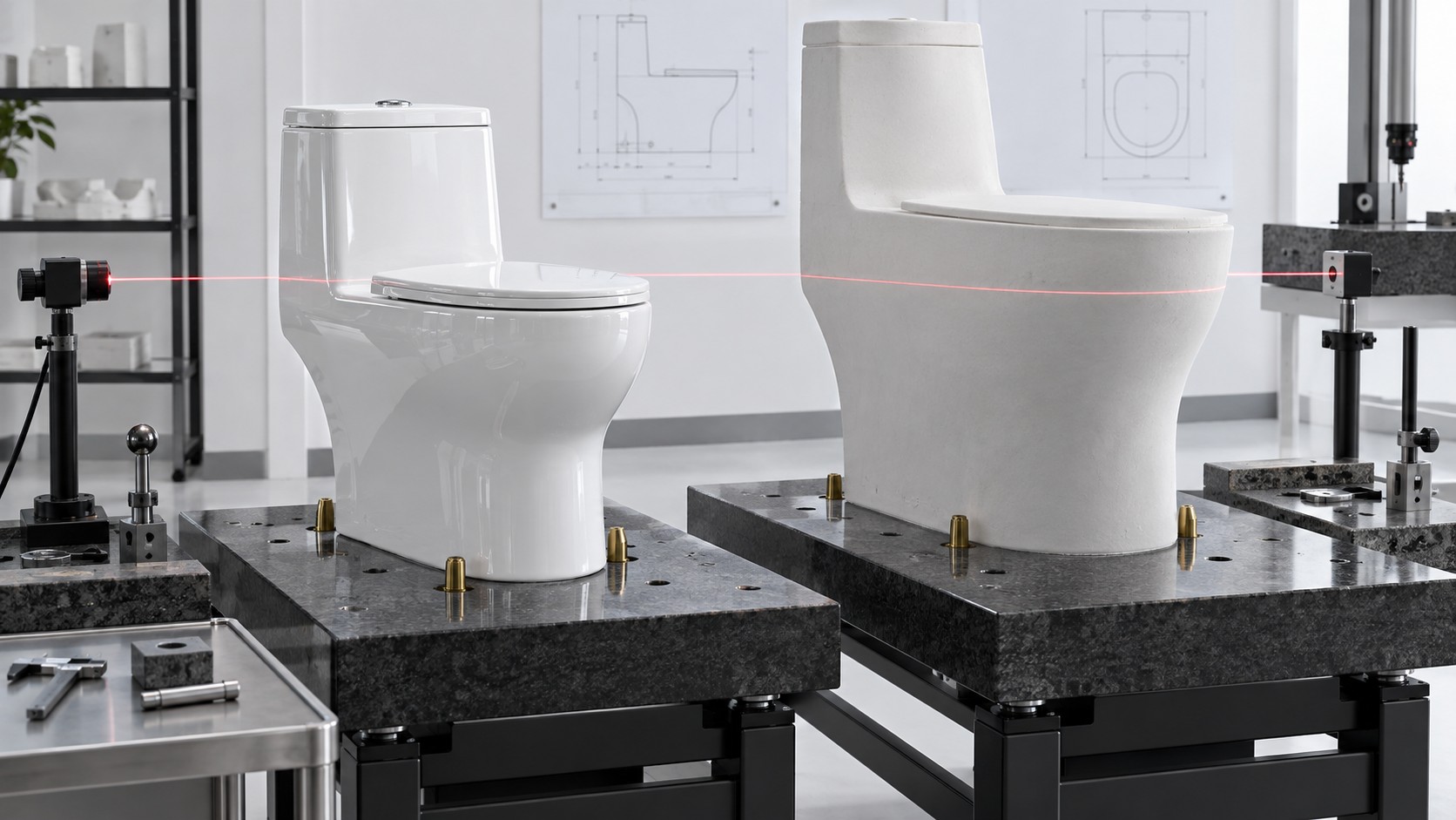 Fired sanitaryware and a larger mould reference aligned on black metrology tables