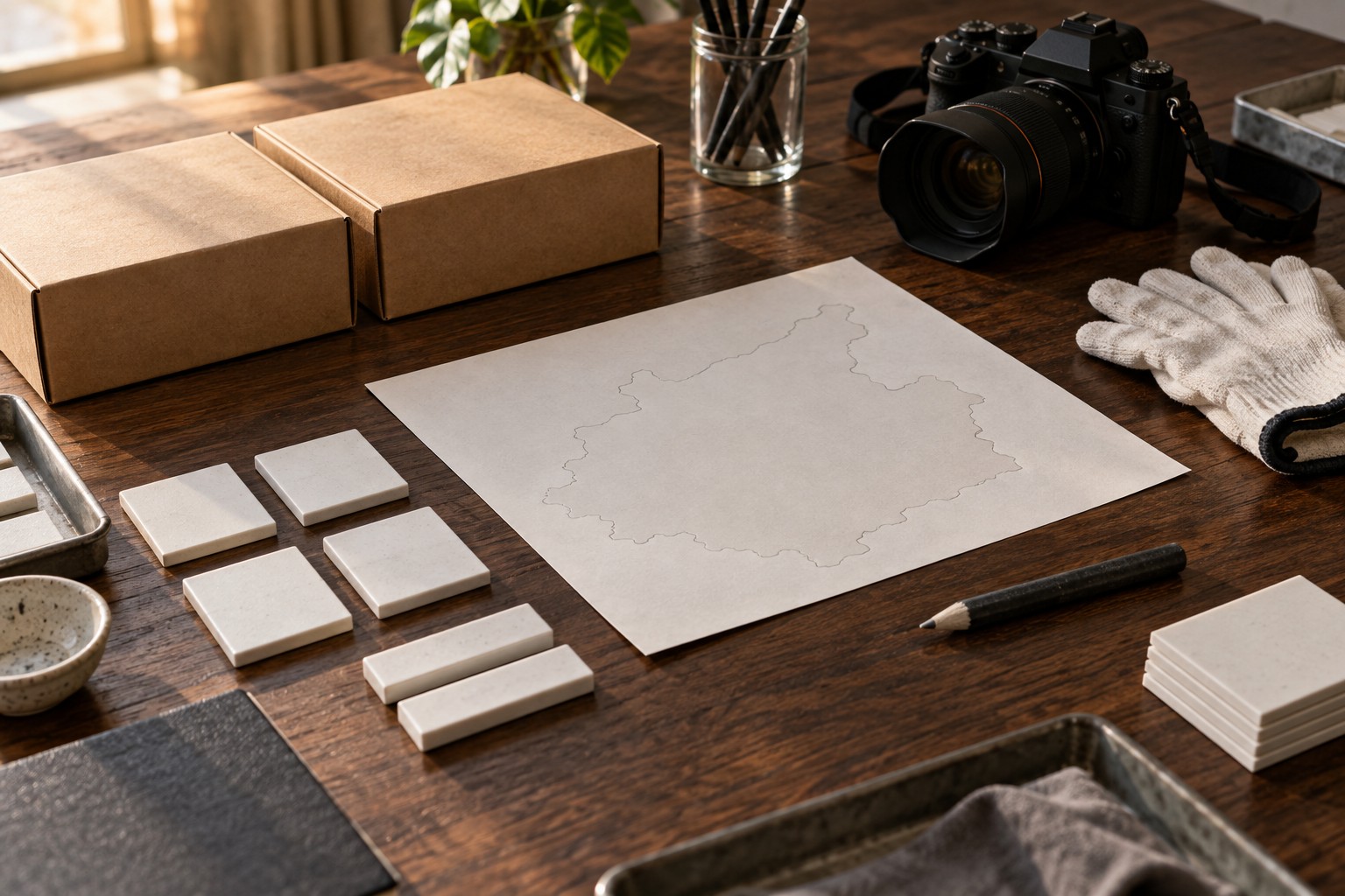 Ceramic glaze coupons, sample boxes and inspection tools arranged on a warm quality-control desk