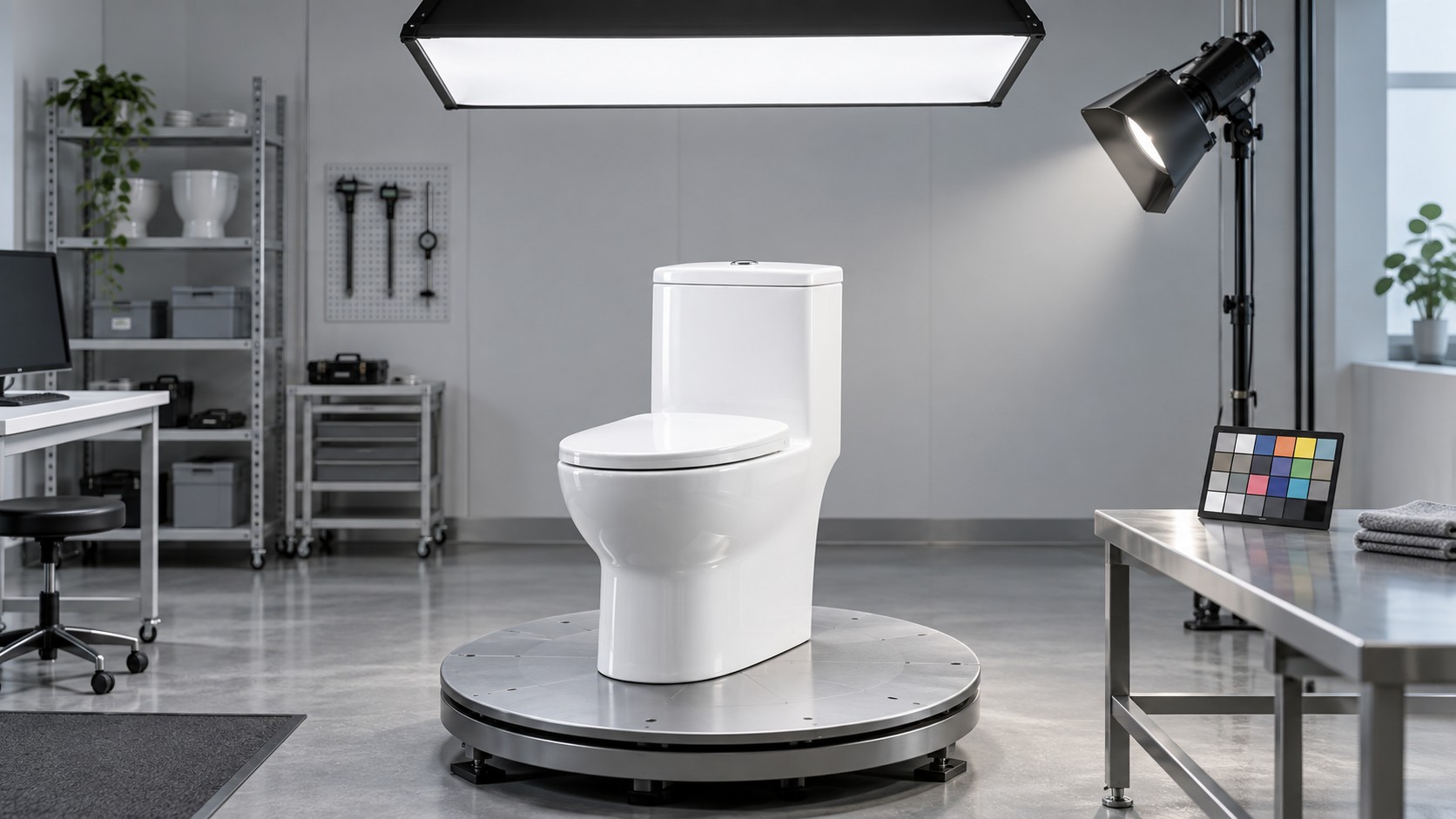 A white toilet on a rotating inspection platform in a bright ceramic metrology room