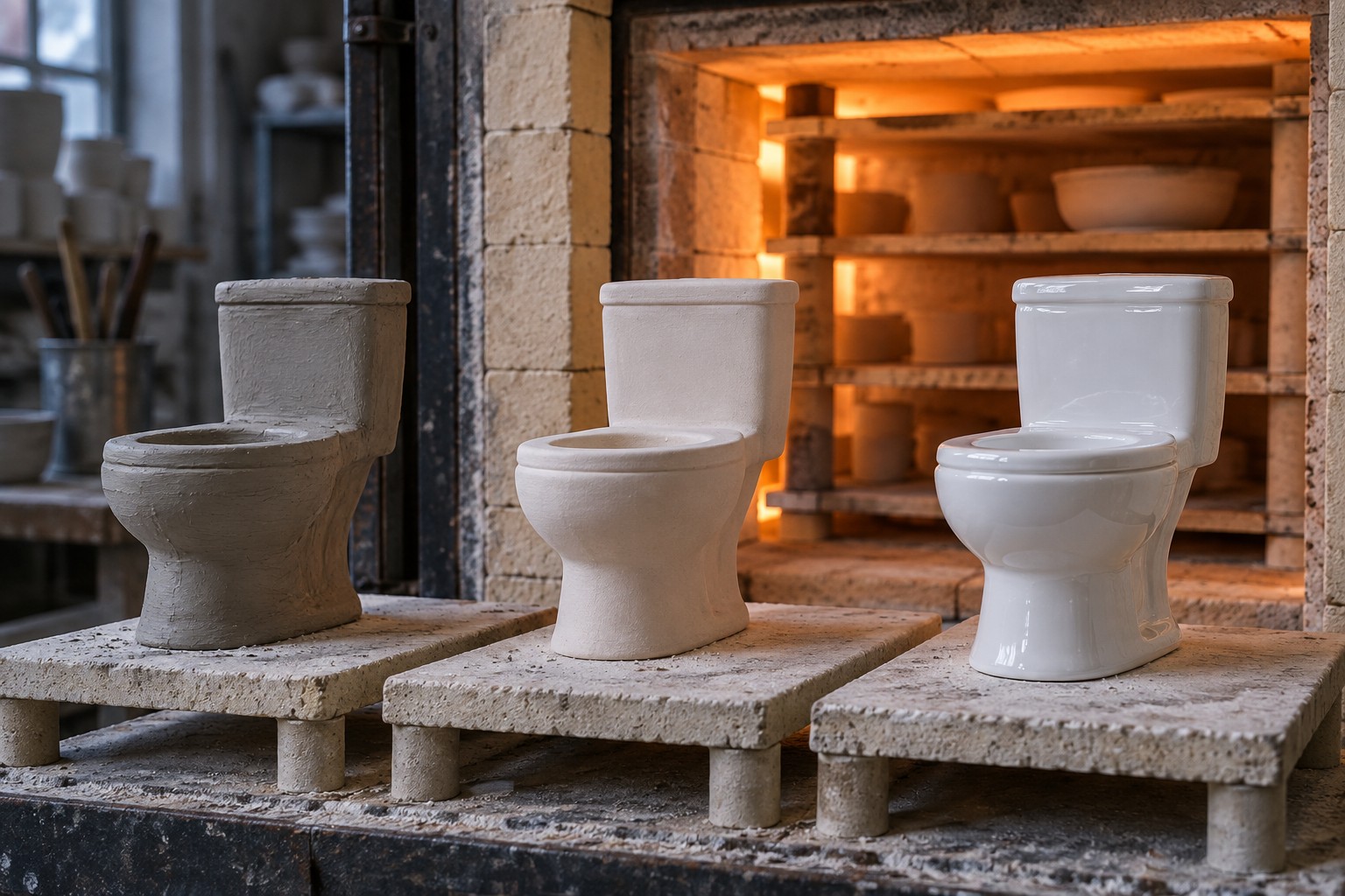 Green, dry and fired sanitaryware study forms shown on separate kiln shelves