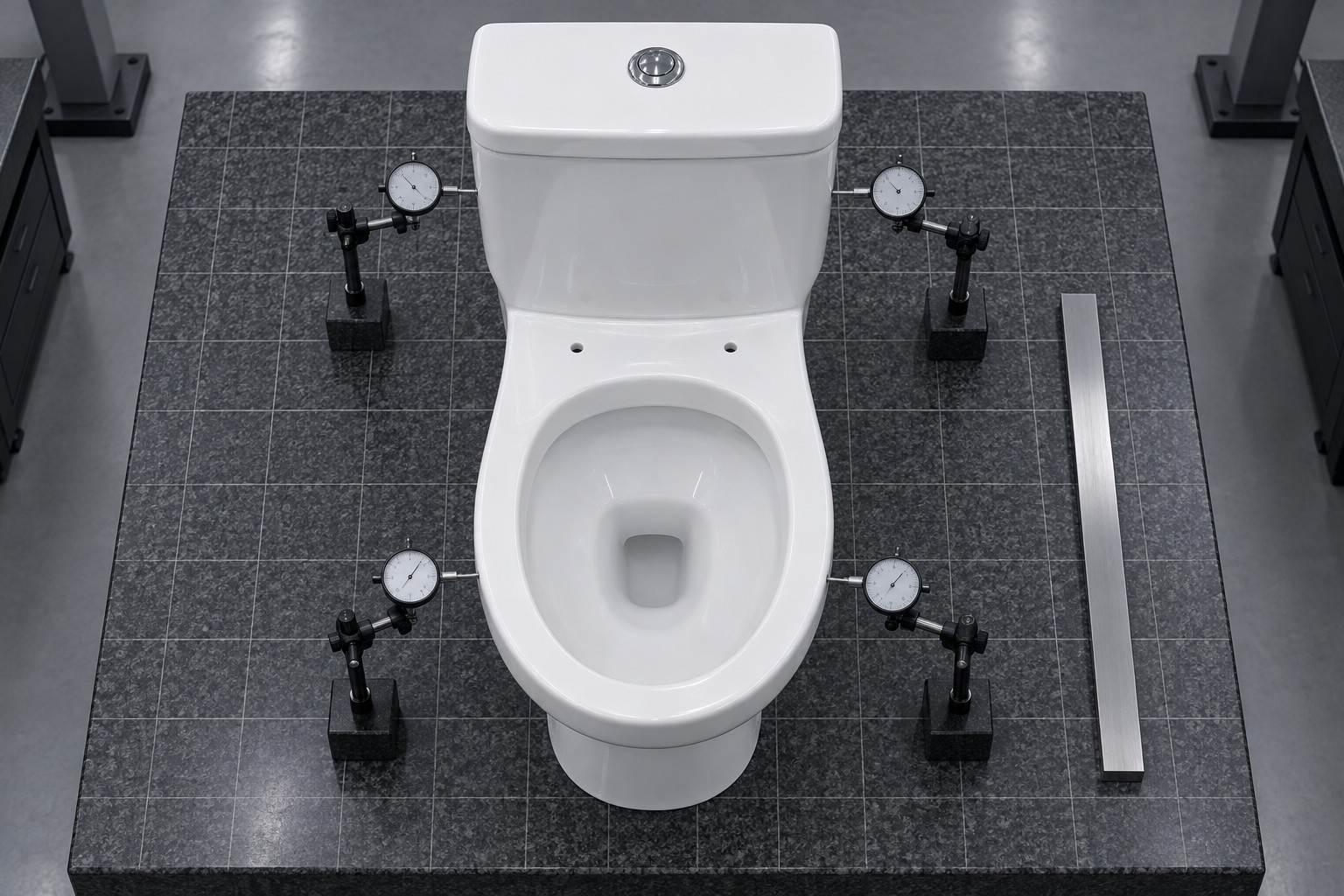 An overhead dimensional inspection of a fired toilet using several contact indicators