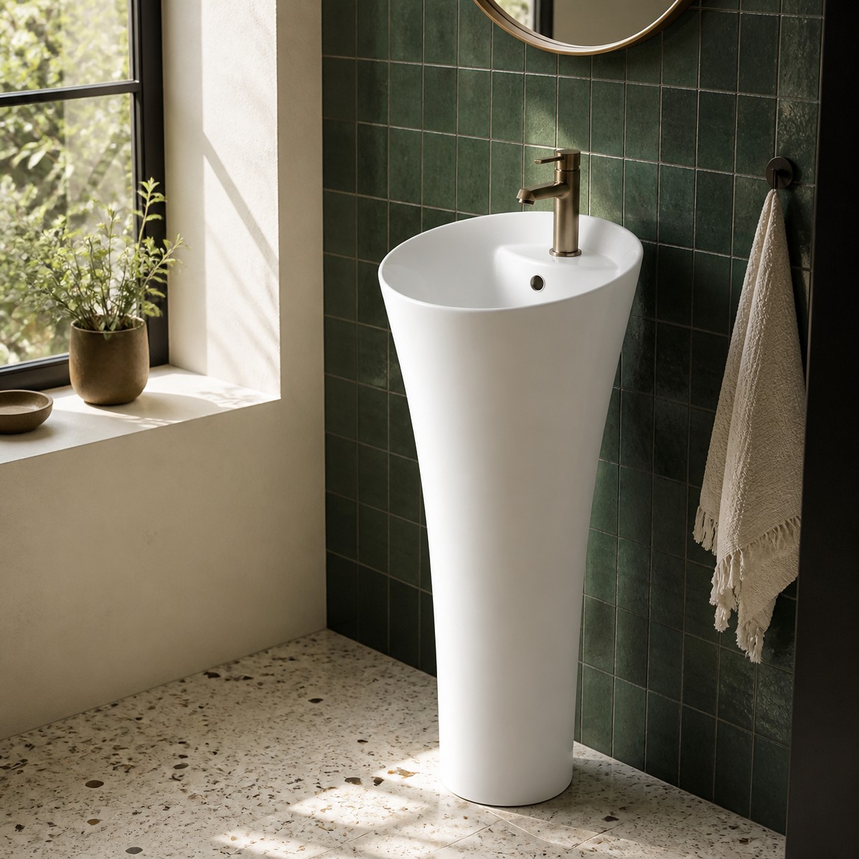 Curved ceramic pedestal basin installed in a deep green powder room