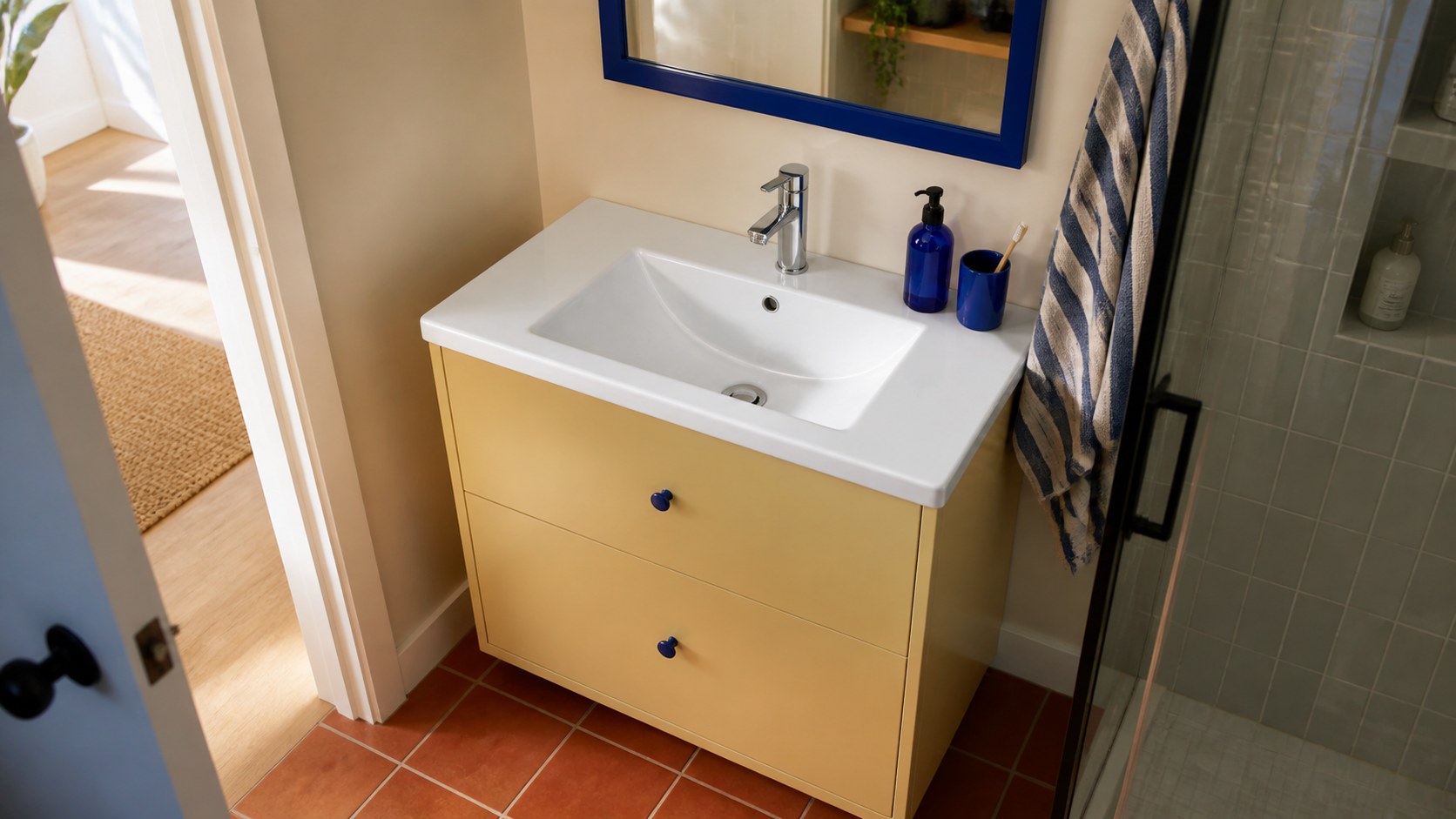 Shallow-depth ceramic vanity basins installed in narrow real bathrooms