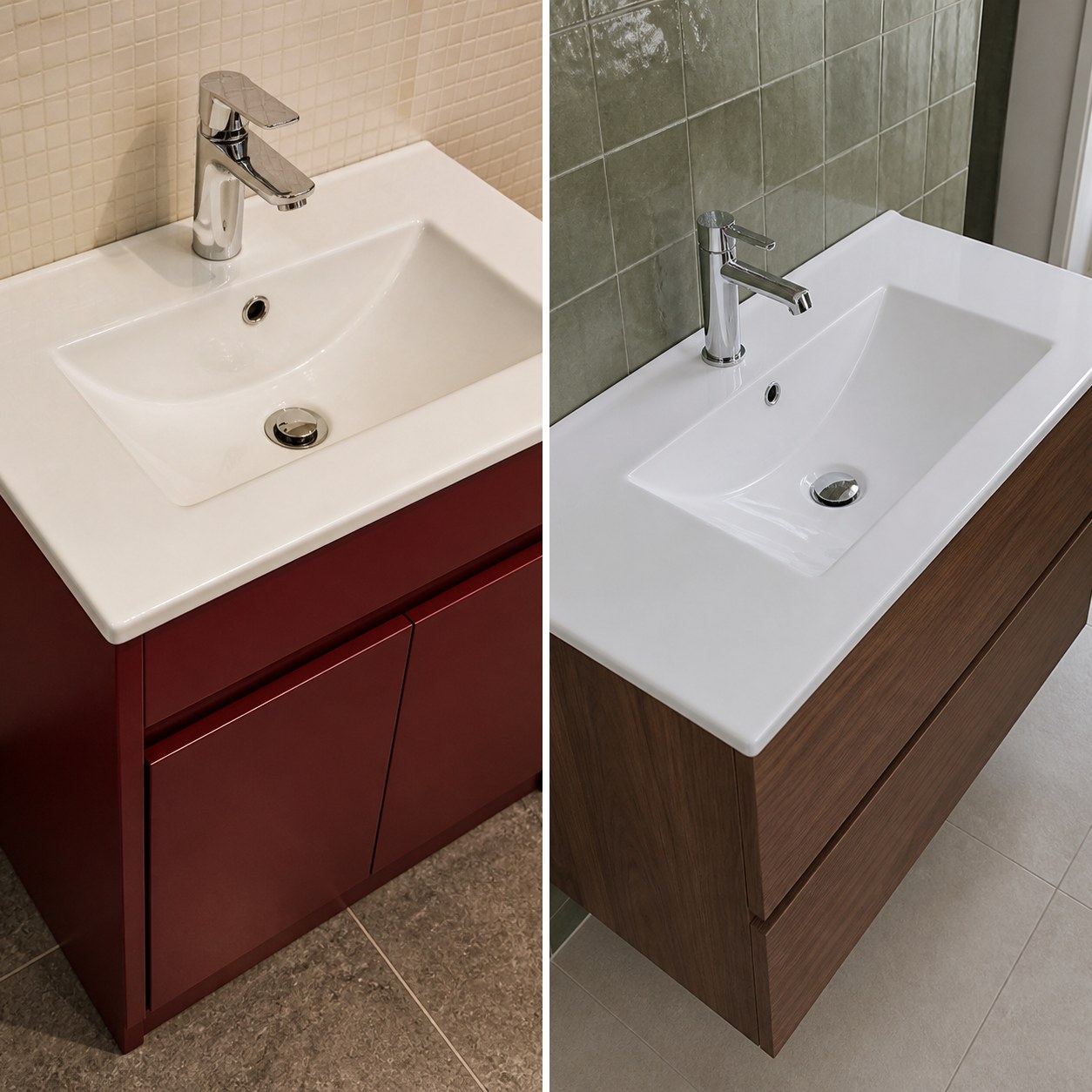 Shallow and standard-depth ceramic vanity basins compared on correctly sized cabinets
