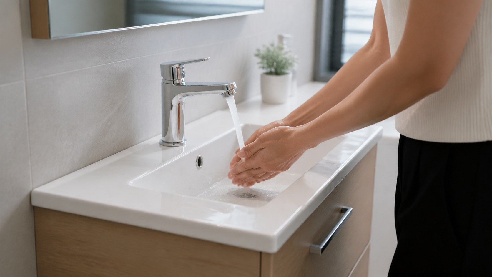 Normal faucet flow tested inside a shallow ceramic vanity basin
