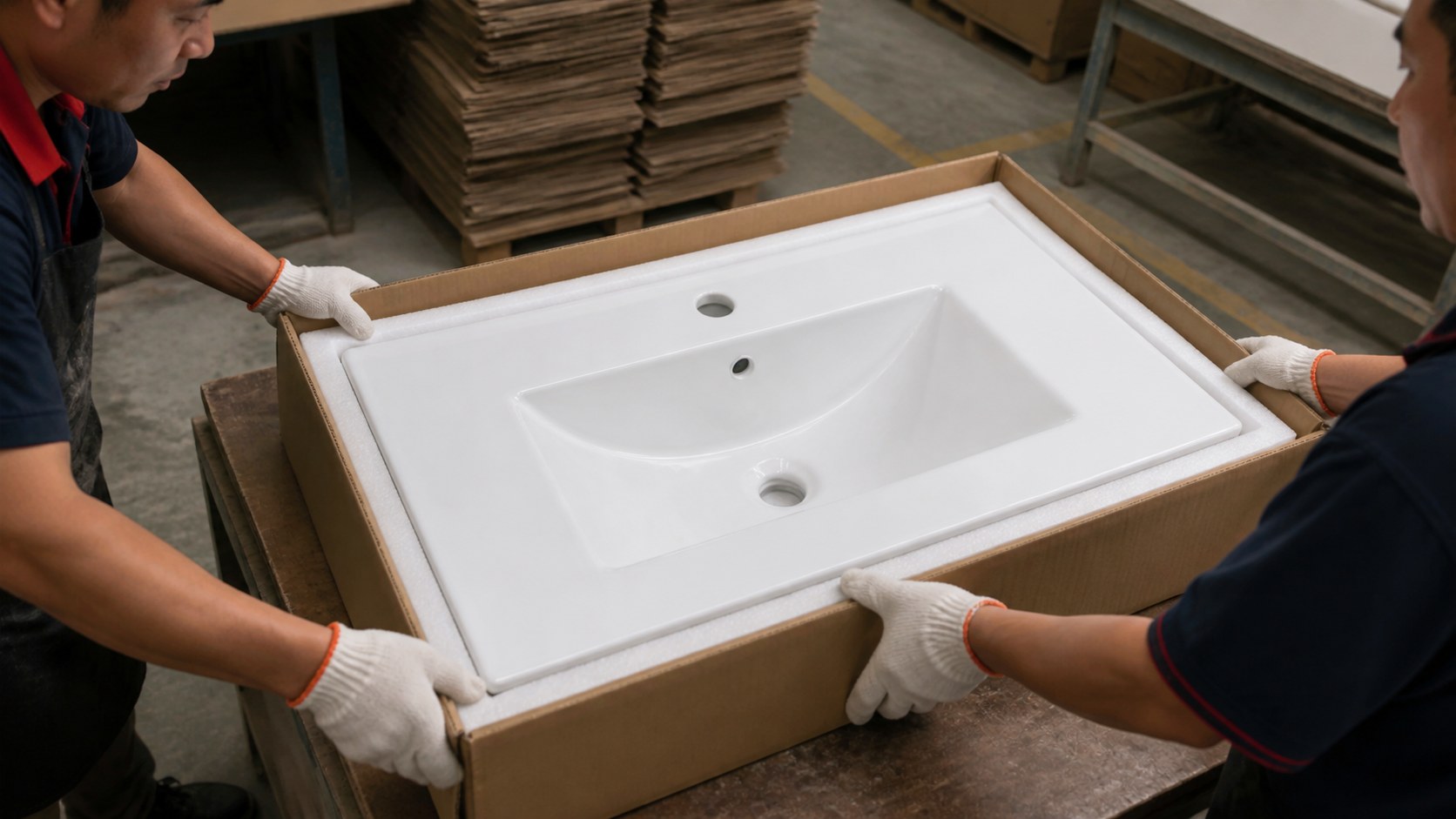 Shallow-depth ceramic vanity basin checked for cabinet fit dimensions plumbing and packing