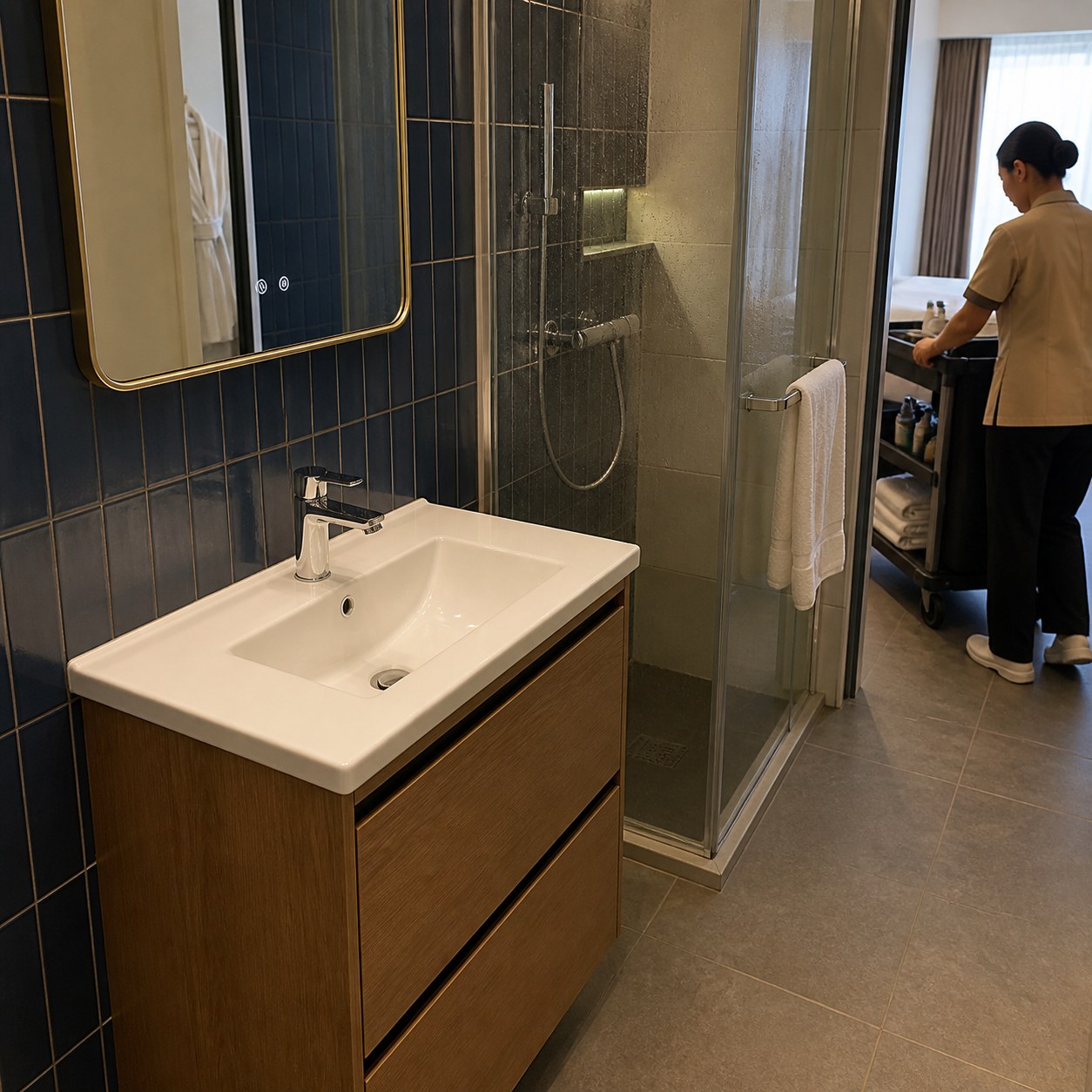 Housekeeping passage beside a shallow vanity basin and fixed shower screen