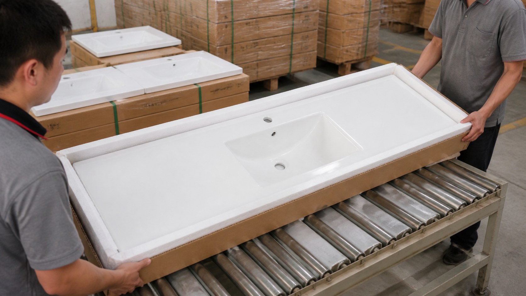 Single and double bowl ceramic vanity tops inspected and packed for project shipment