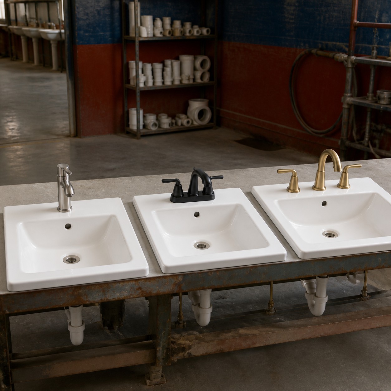 Real bathroom basins showing single-hole four-inch centerset and eight-inch widespread faucet layouts