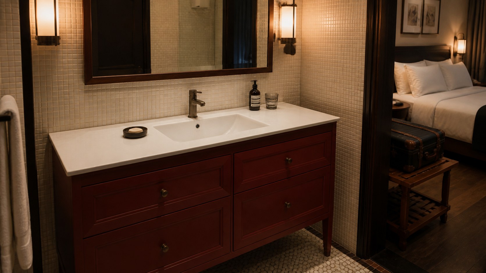 Long single sink ceramic vanity in a boutique hotel guest bathroom