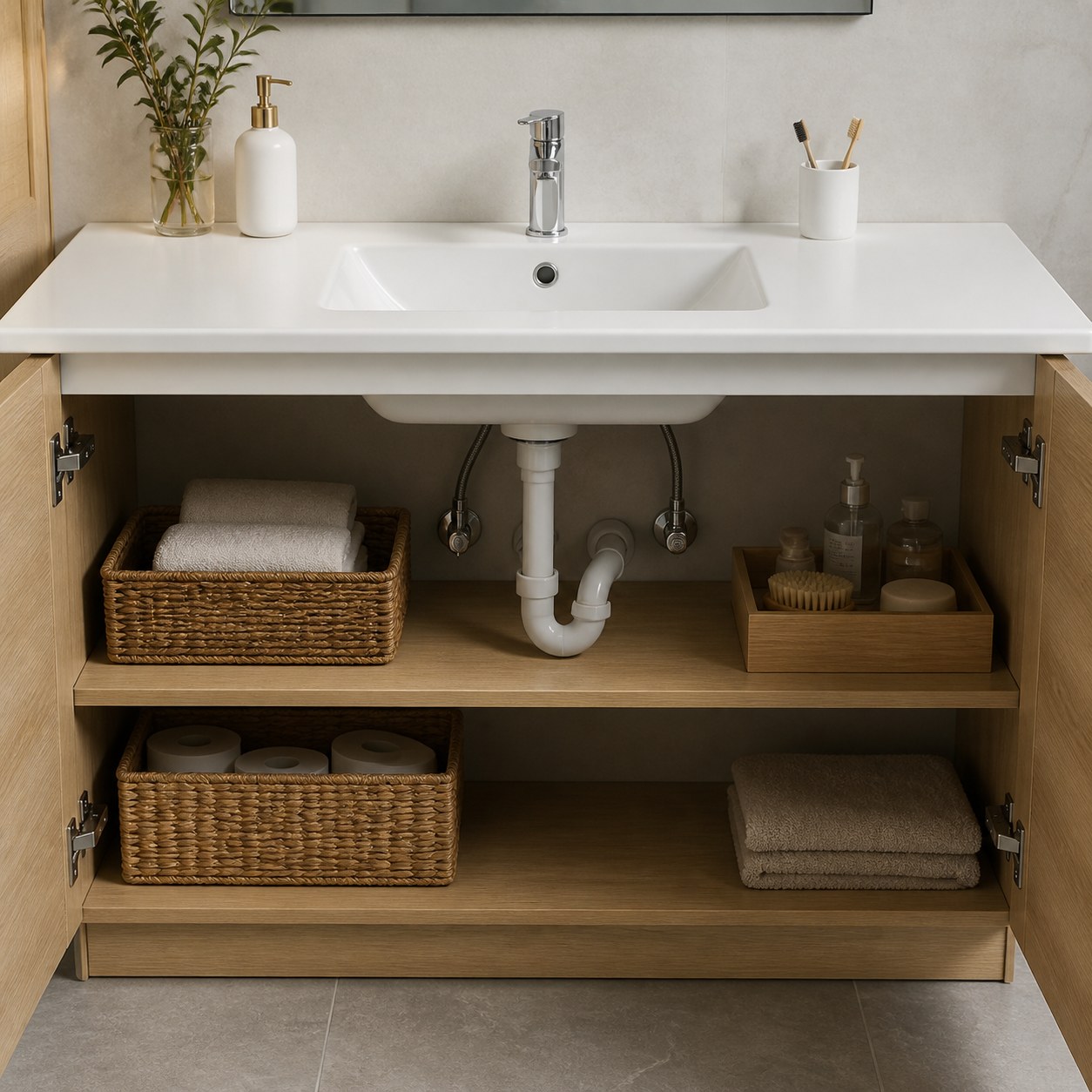 Single sink vanity cabinet with one trap and usable adjacent storage