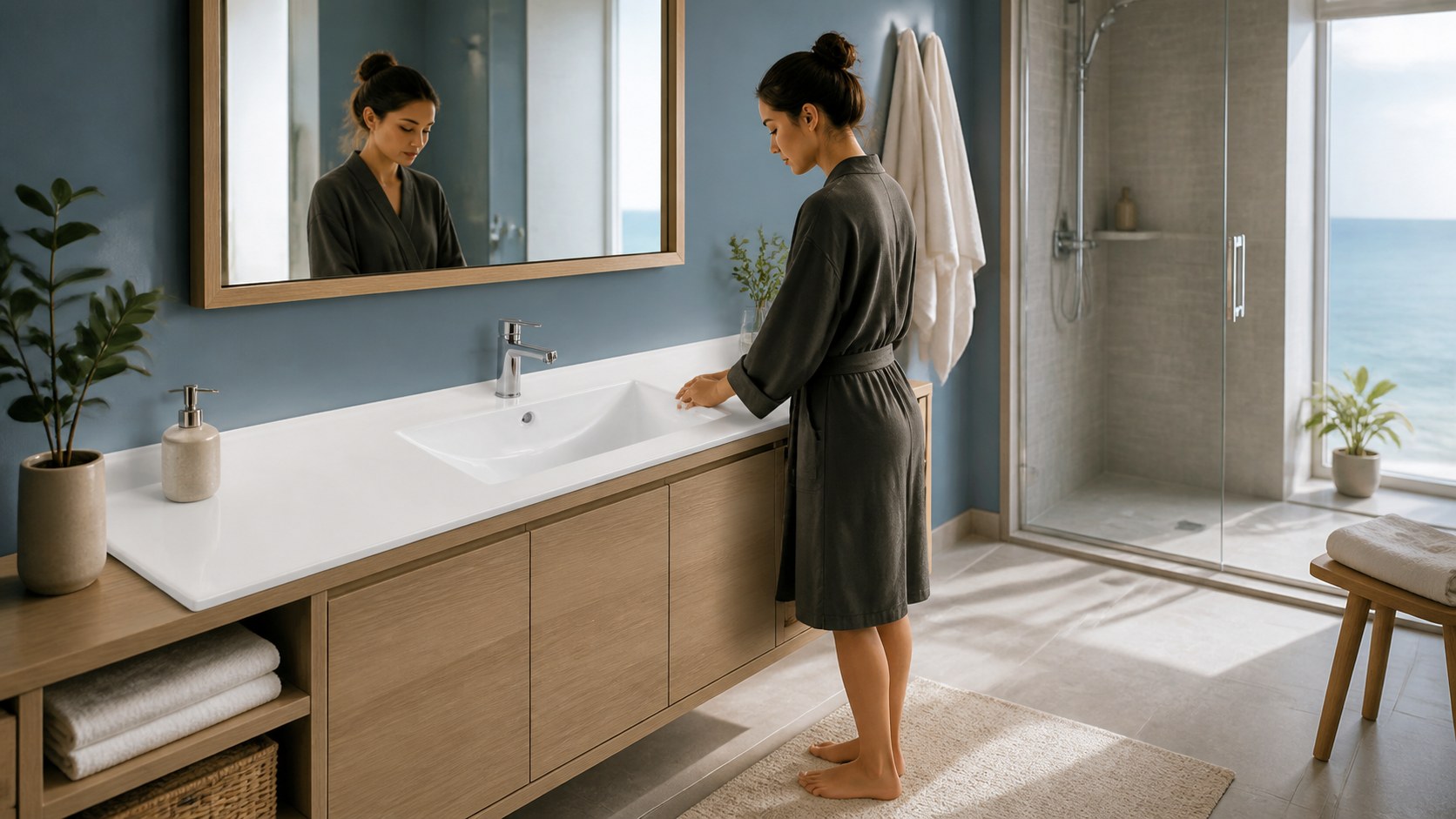 Long single sink ceramic vanity in a bright serviced apartment bathroom