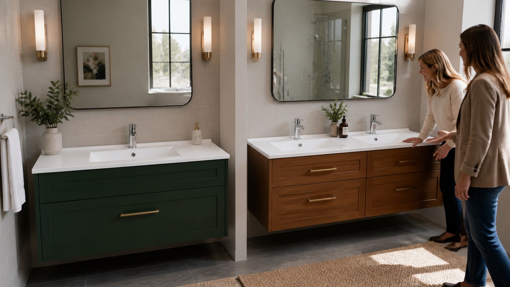Single-bowl and double-bowl ceramic vanity tops compared in real bathrooms