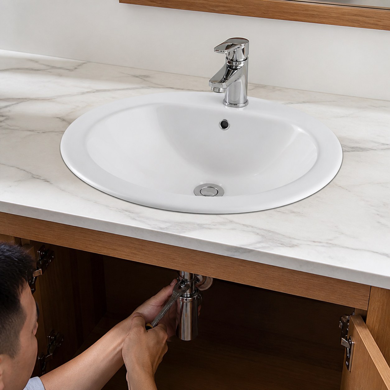 Slotted basin waste fitted to a ceramic sink with an internal overflow