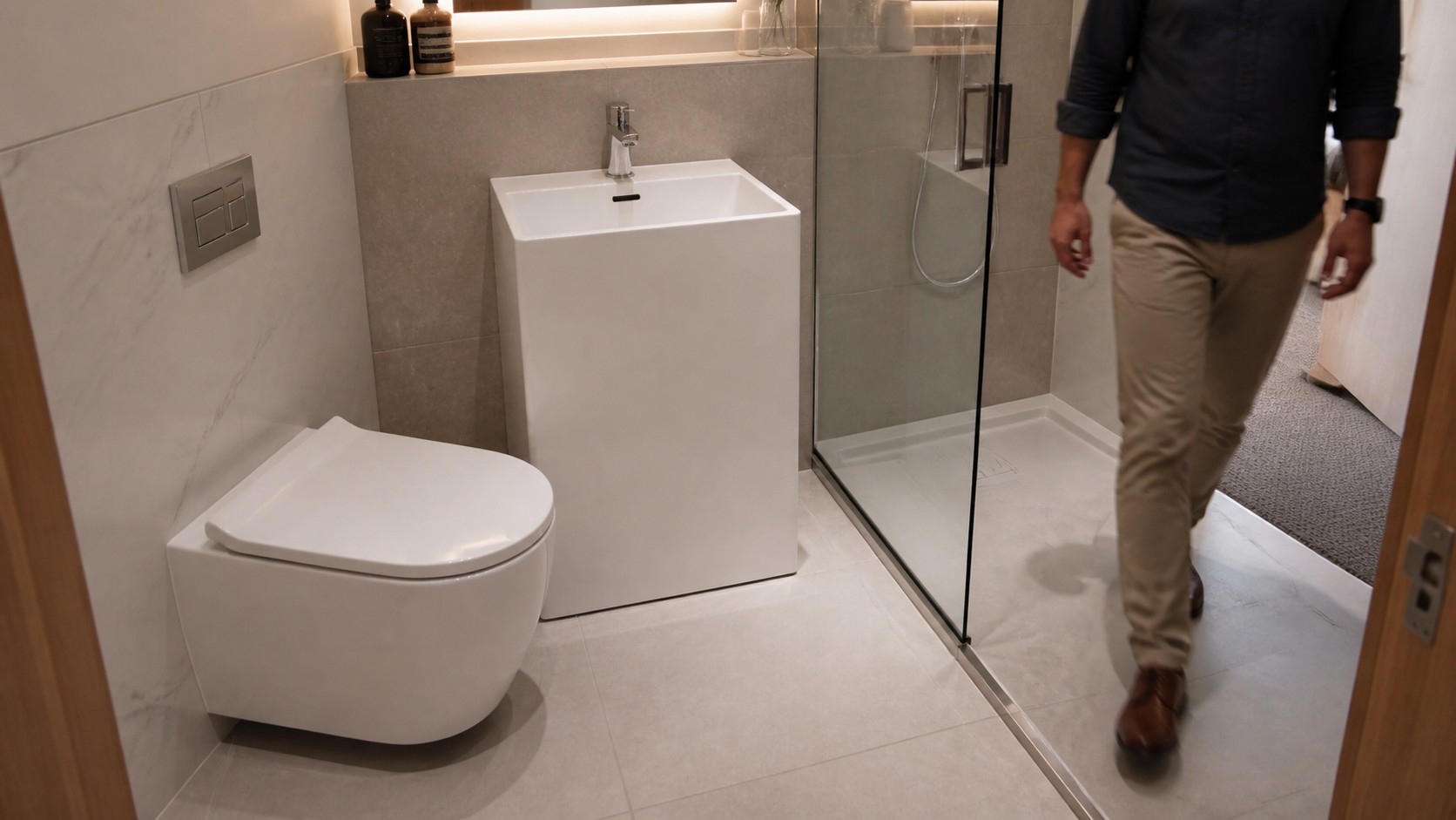 Designer walking through the clearance between an open shower screen toilet and basin