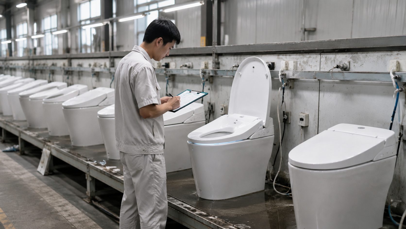 技術員在工廠品檢線上對智能馬桶做功能測試,可見噴水測試台與檢查表
