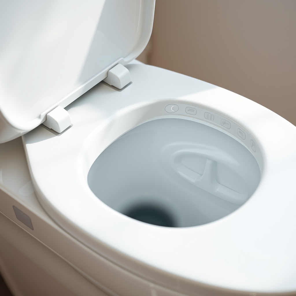 Close-up of a smart toilet control panel and washing nozzle with heated seat indicator