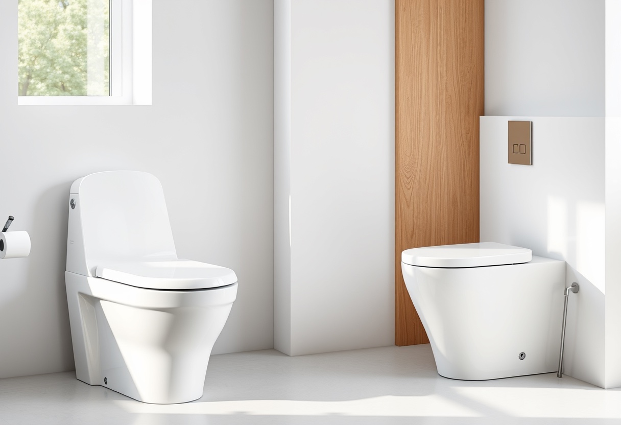 A premium white integrated smart toilet beside a regular one-piece ceramic toilet in a bright minimalist bathroom