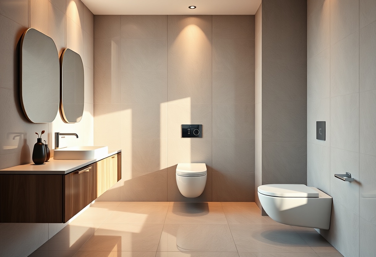 Smart toilets installed in a modern hotel bathroom prepared for a project order