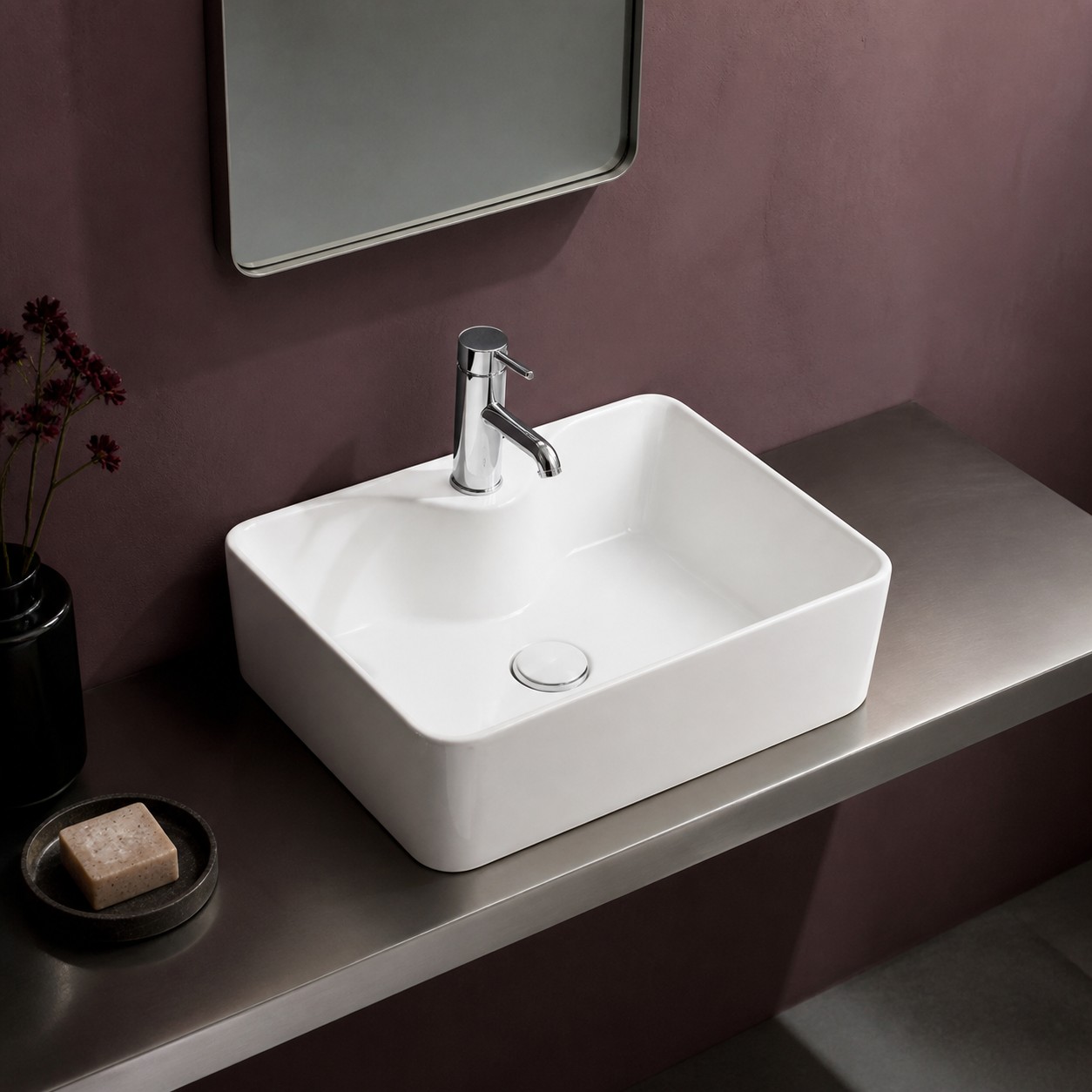 Soft-square ceramic art basin with one faucet in its real tap hole