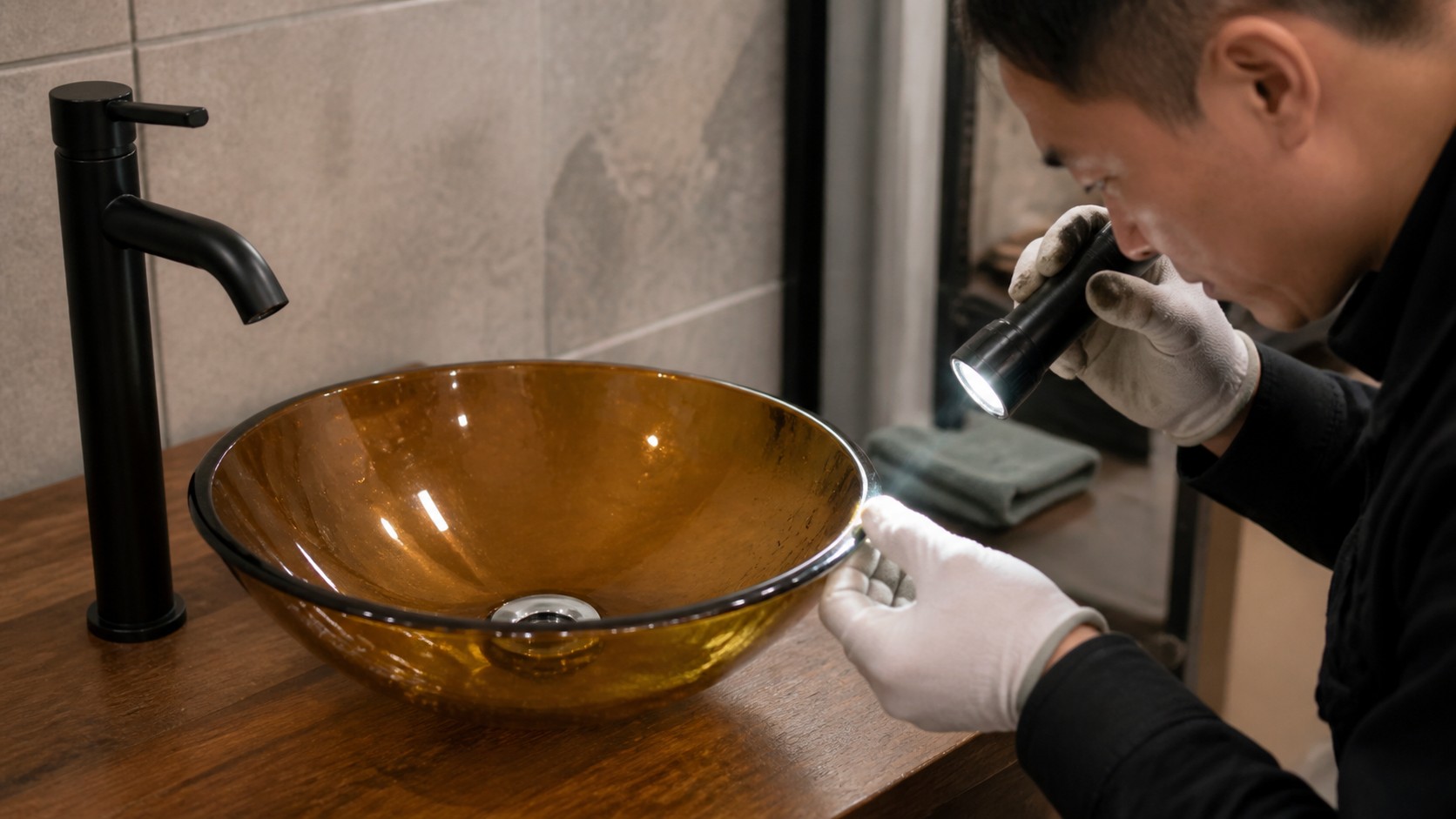 Unbranded tempered glass vessel sink inspected for water spots and edge damage