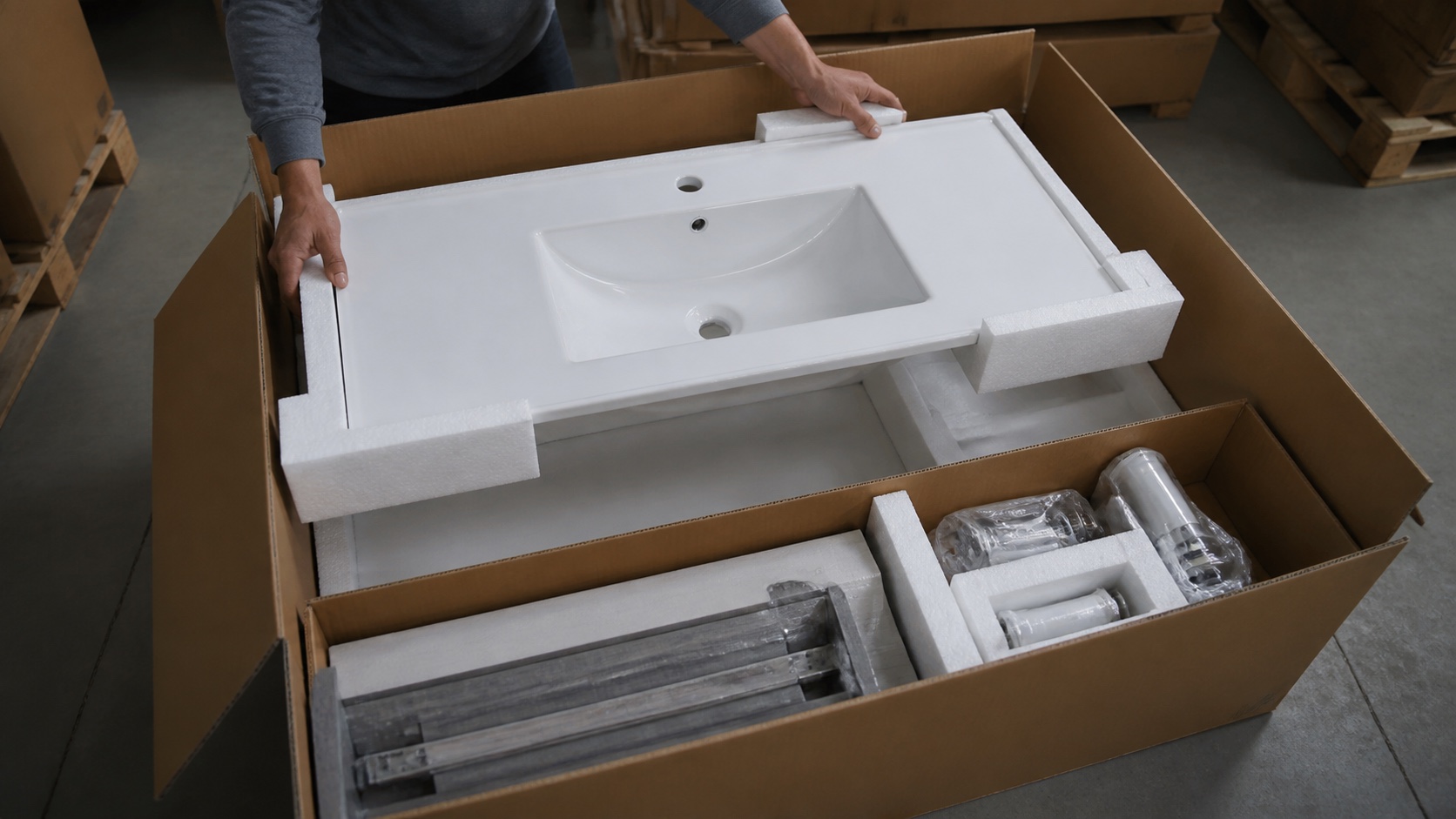 Thin-rim ceramic vanity basins checked with cabinets and export packaging