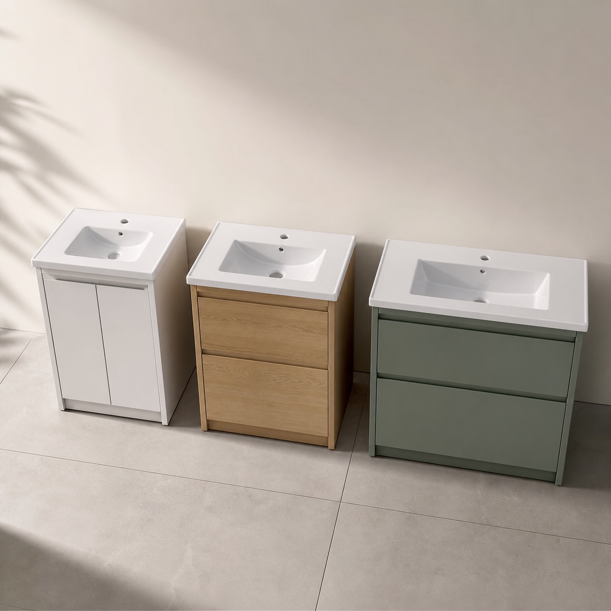 Thin-rim vanity basins fitted to compact, standard and wide bathroom cabinets