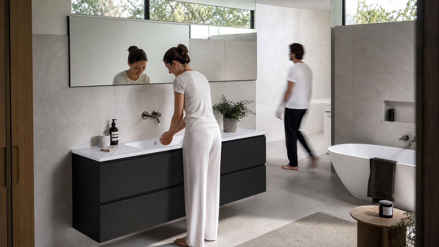 Thin-rim vanity basin installed in a contemporary residential bathroom