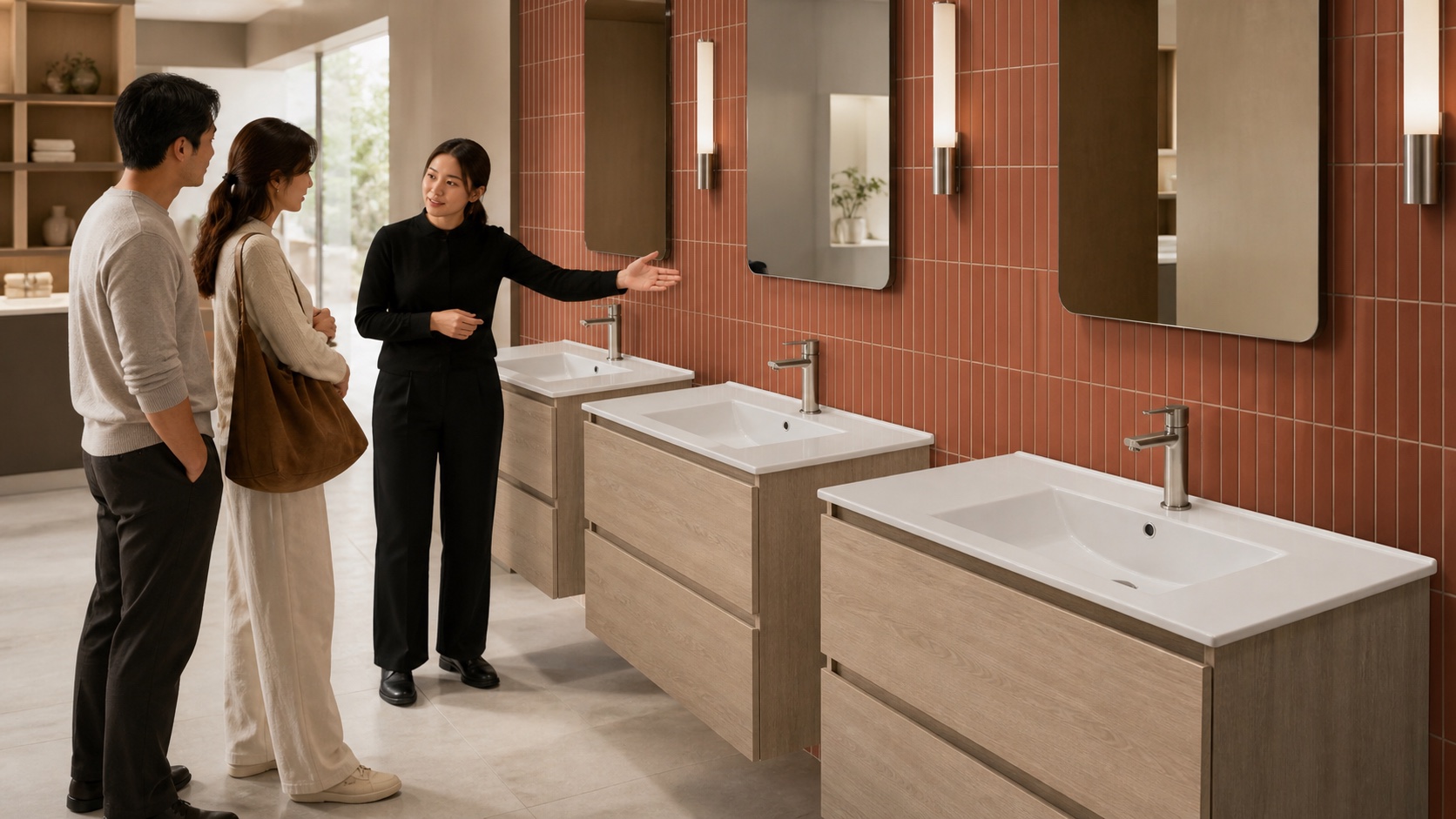 Buyers comparing thin-rim vanity basin sizes in a bathroom showroom