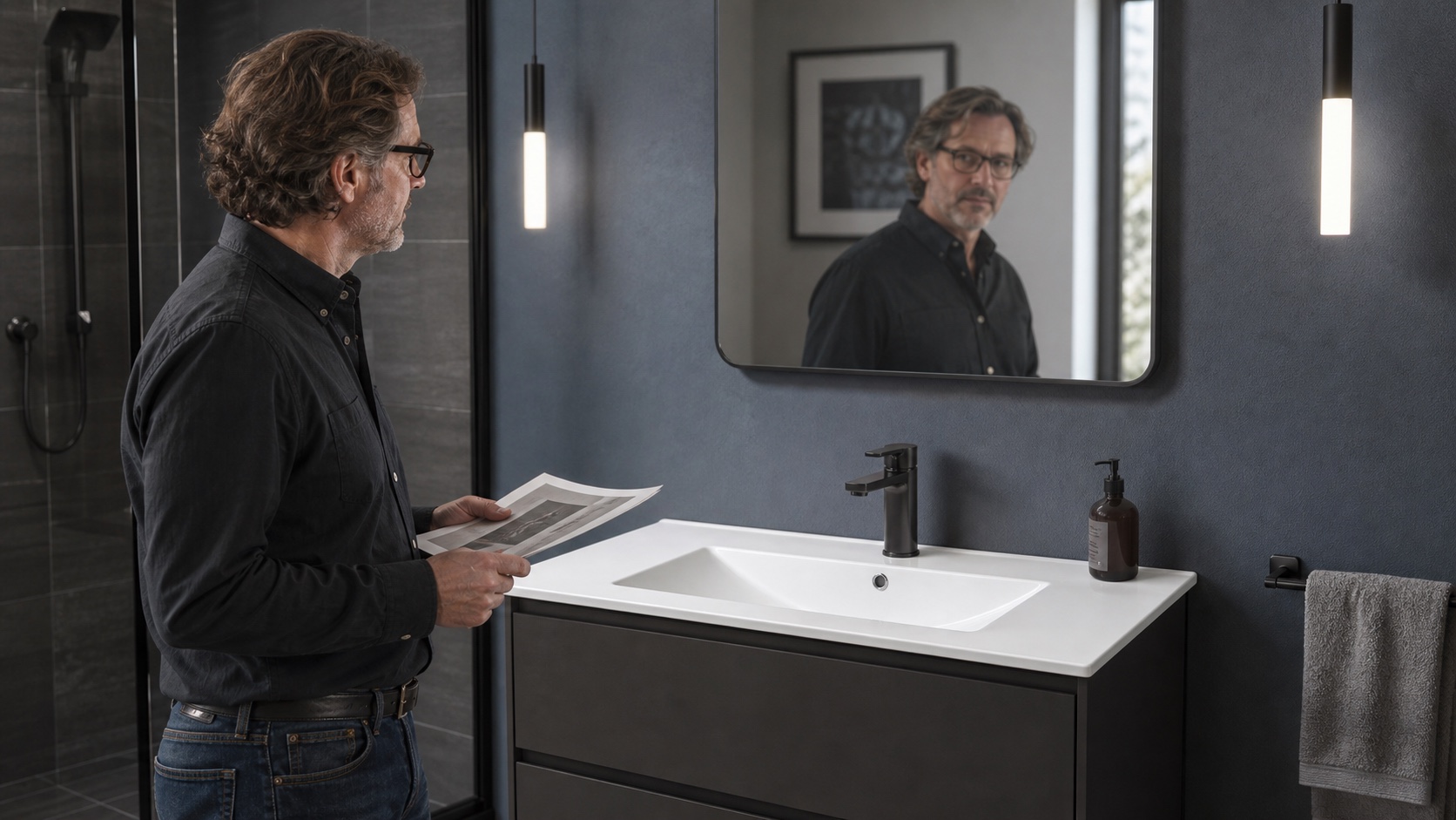 Designer reviewing a thin-rim vanity basin and cabinet in a bathroom sample room