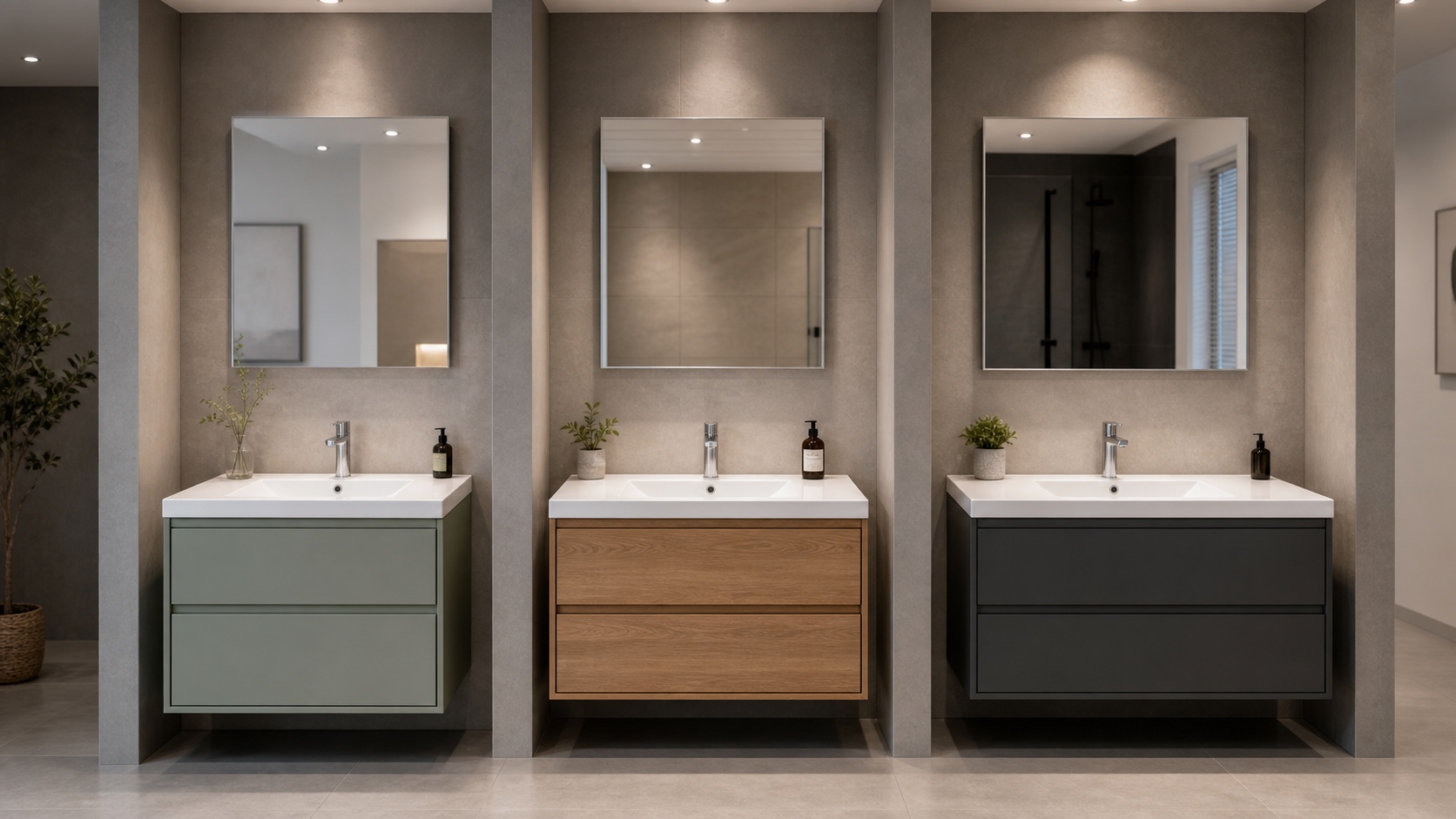 Thin-rim ceramic vanity basins matched to bathroom cabinets in several widths