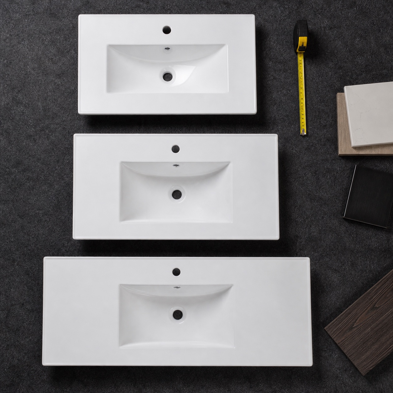 Thin-rim ceramic vanity basins in multiple cabinet widths