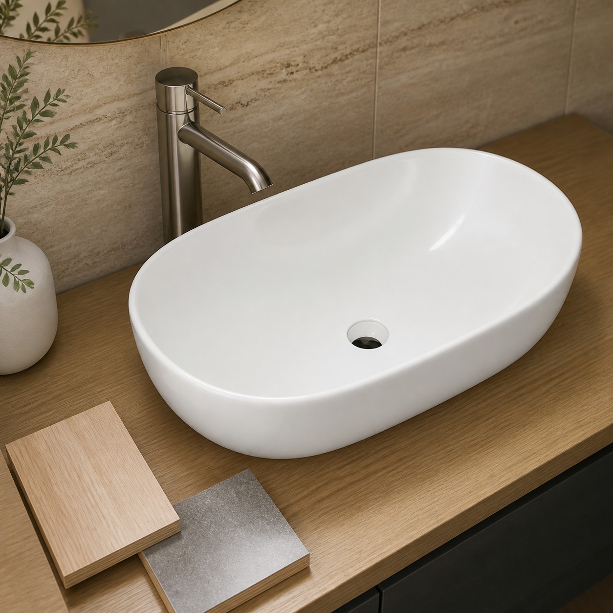 Oval vessel sink installed on a timber vanity top with wood and laminate finish samples