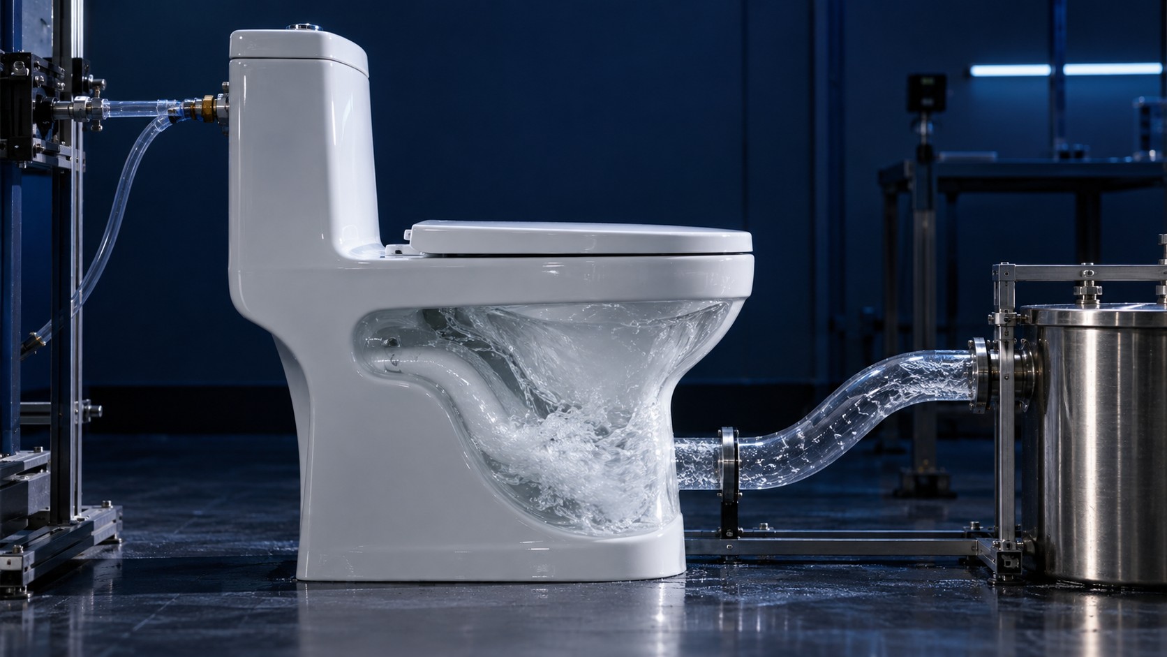 A white one-piece toilet in a controlled dark-blue flush test cell with visible test plumbing