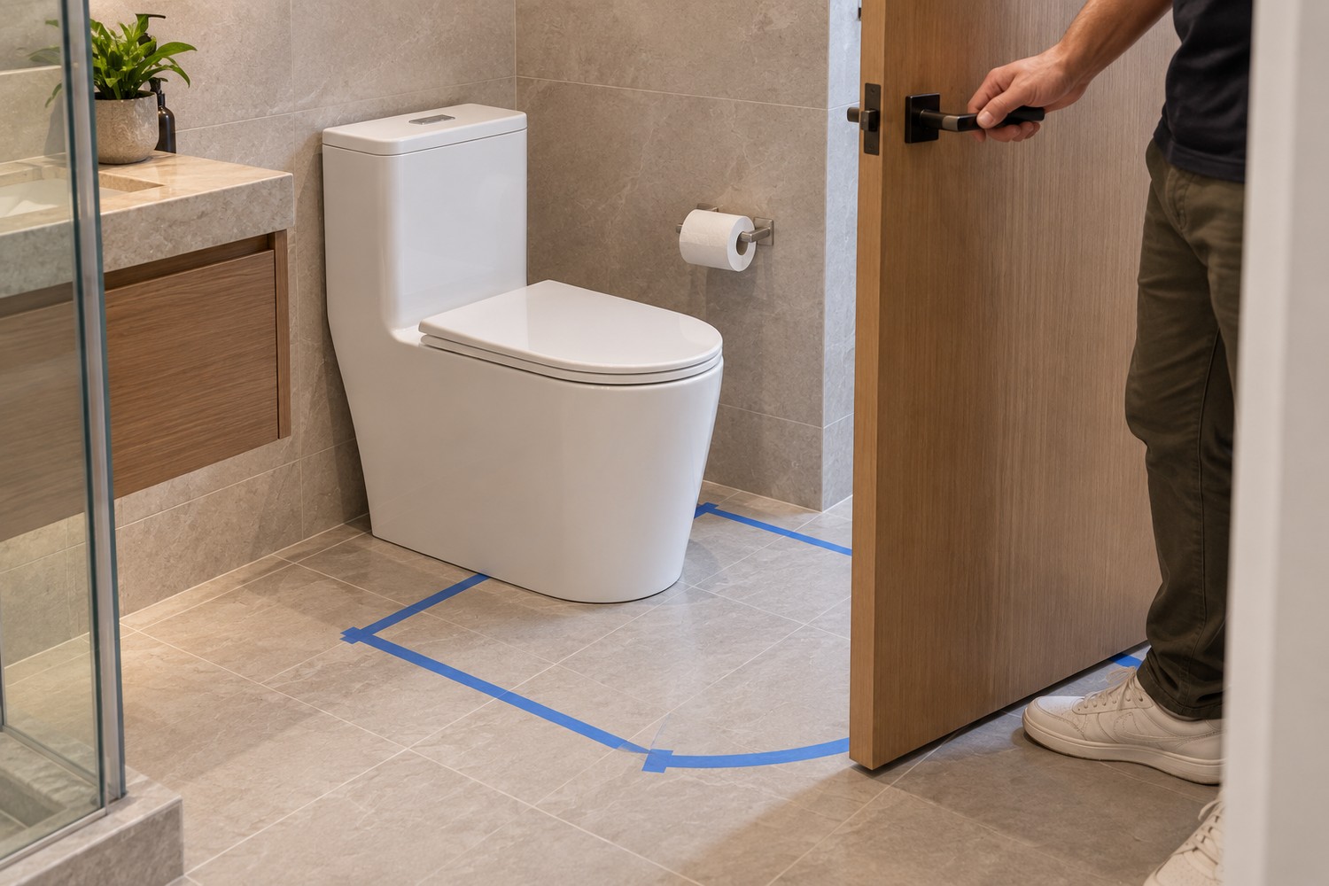 Document a bathroom door-swing and front-clearance test around an installed toilet using floor tape and a full-size sample