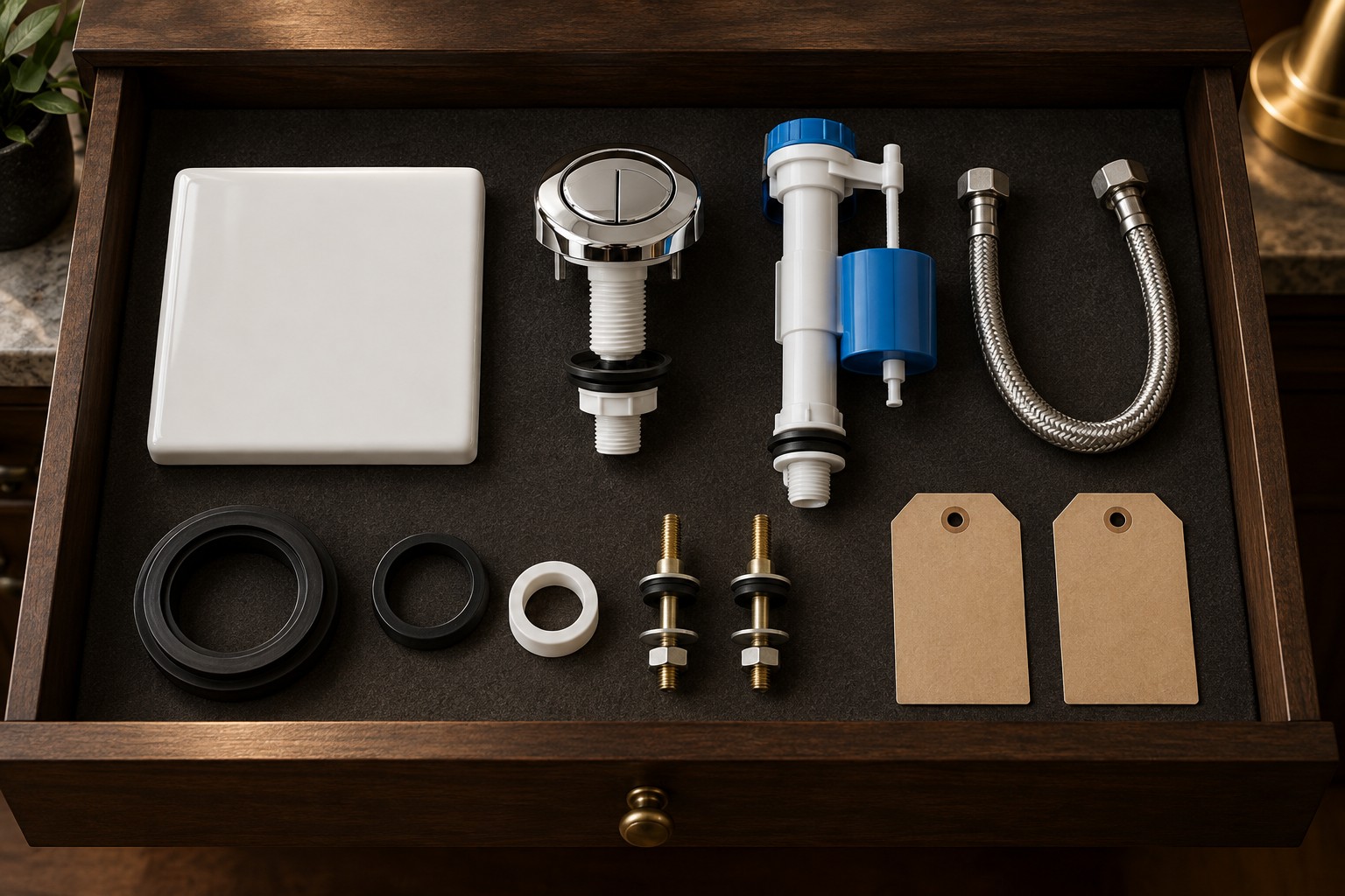 Production-intent toilet components arranged in a dark wooden specimen drawer for golden-sample control