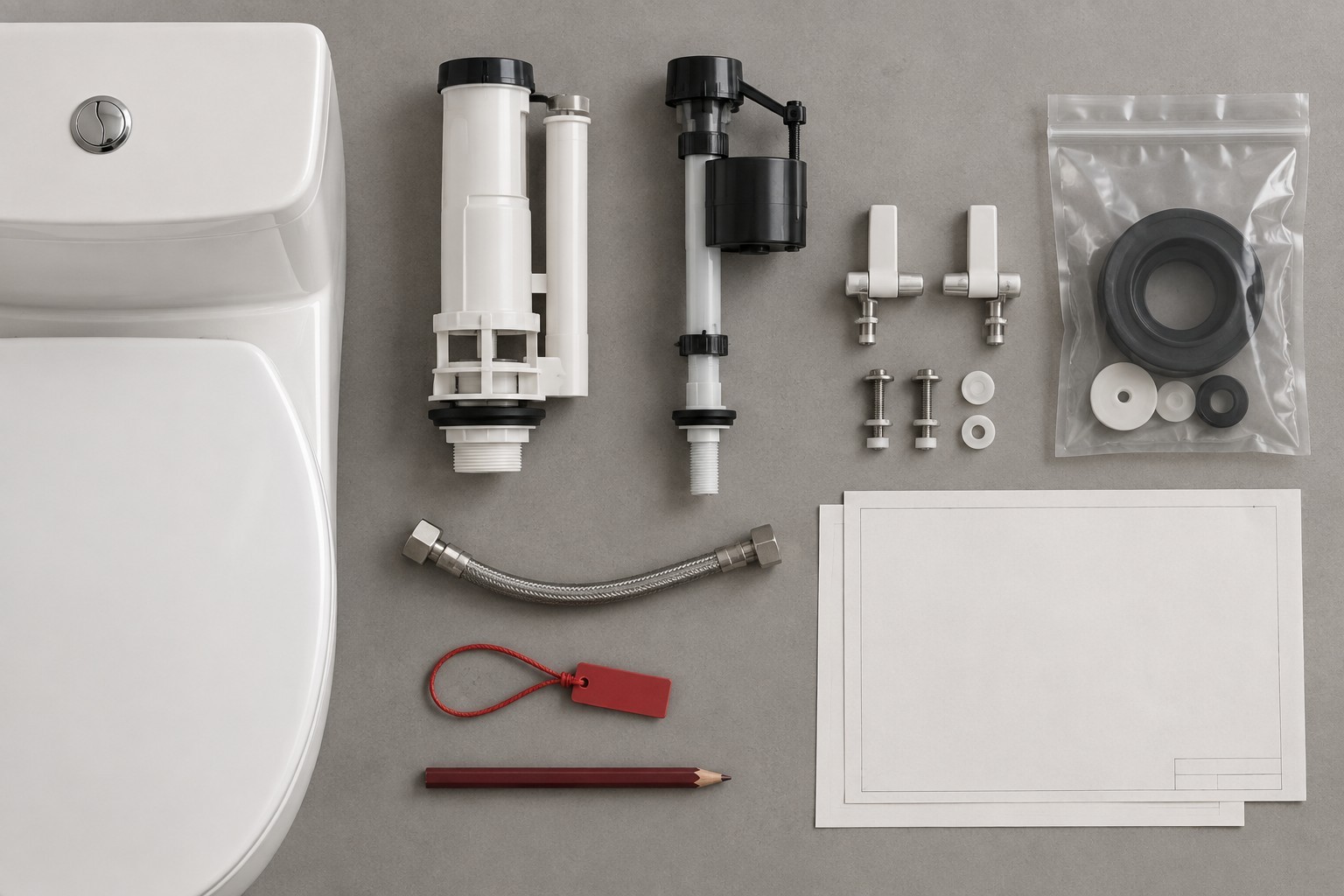 A top-down archive of production-intent cistern components, seals and blank approval records