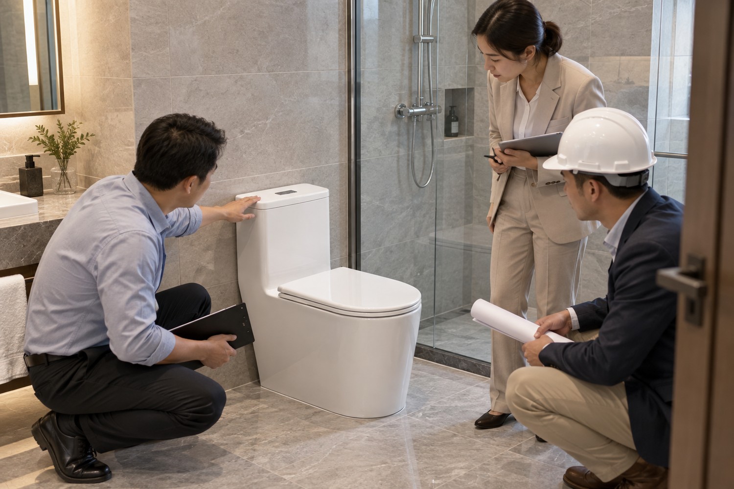 Show a hotel or apartment project team approving toilet geometry, plumbing interface and room circulation in a finished sample room
