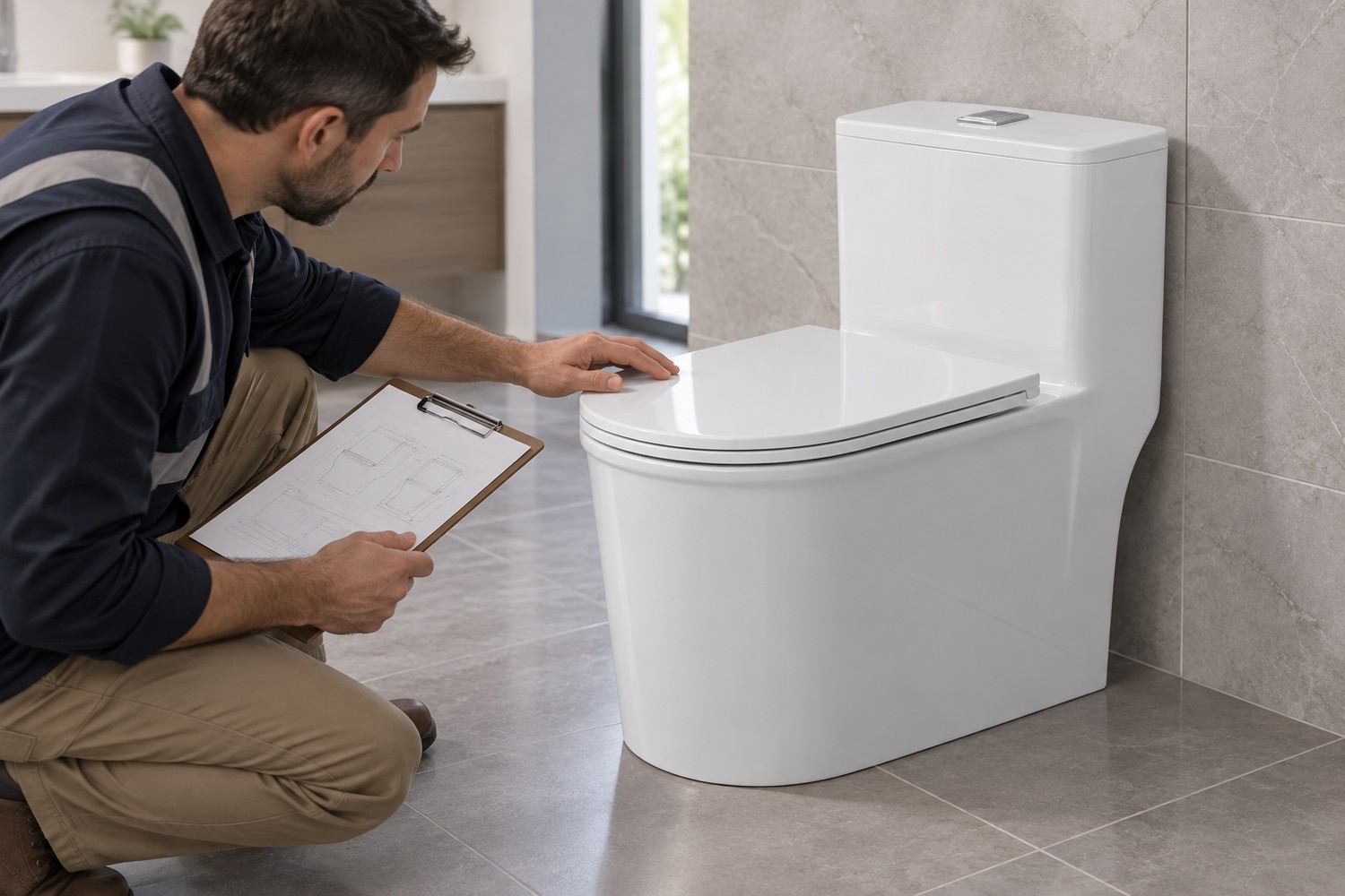Ceramic toilet sample reviewed alongside specification paperwork