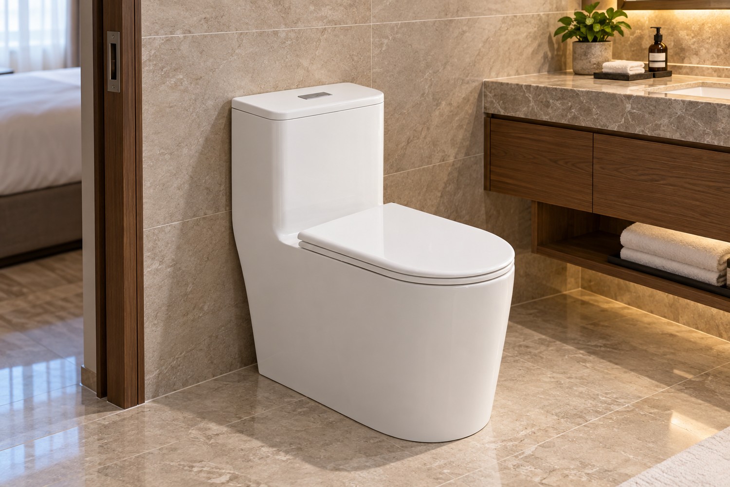 Ceramic toilet position relative to a bathroom doorway and vanity