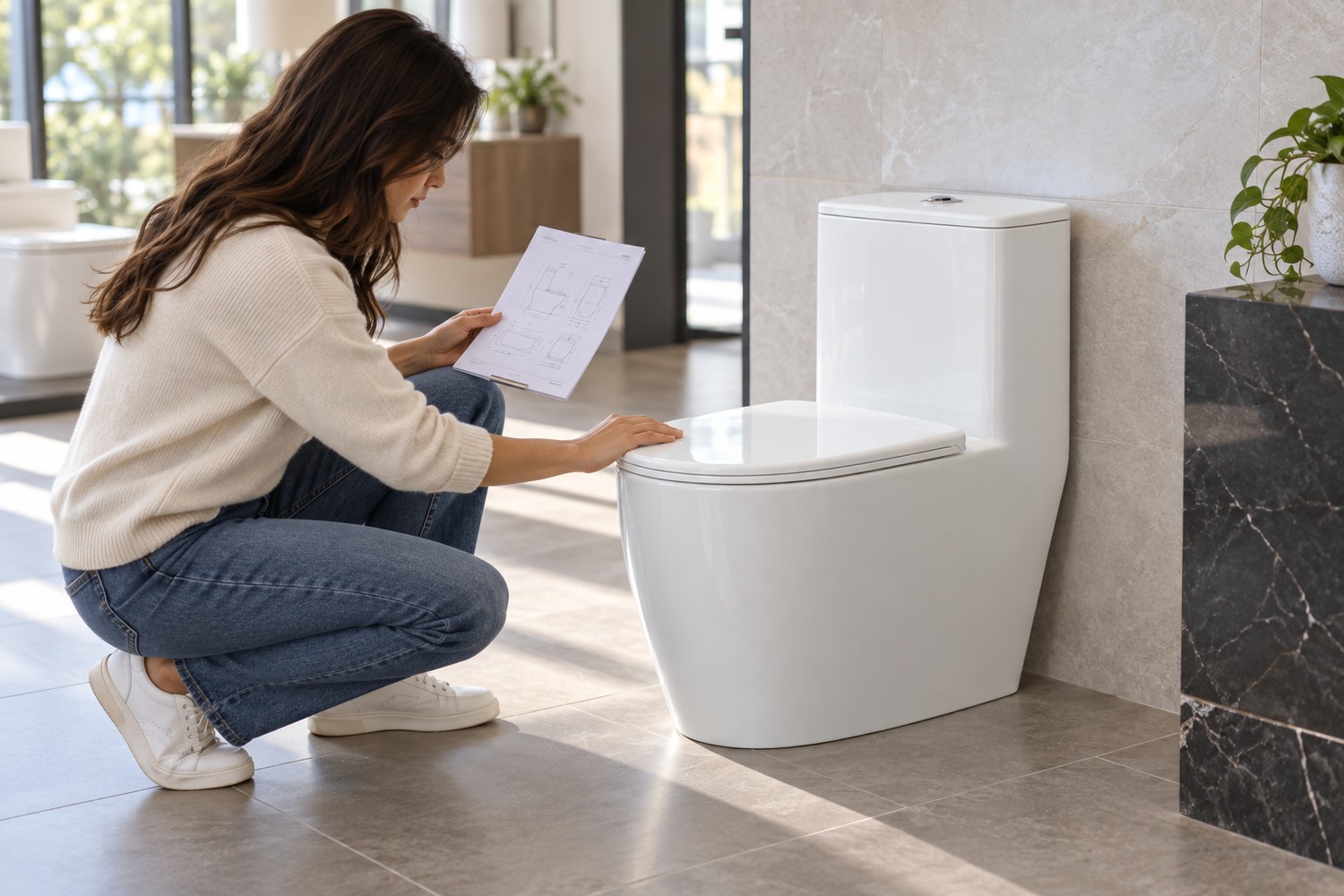 Buyer comparing a ceramic toilet sample with a model specification sheet in a bright showroom