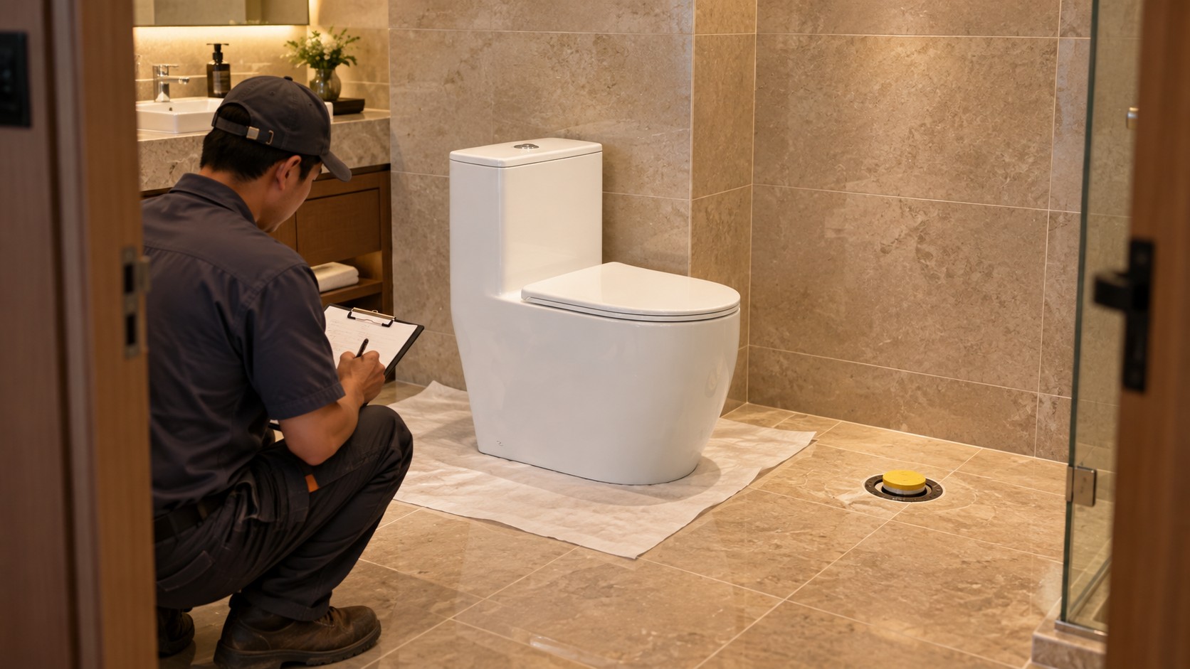 Pre-installation review of a ceramic toilet sample and capped floor outlet