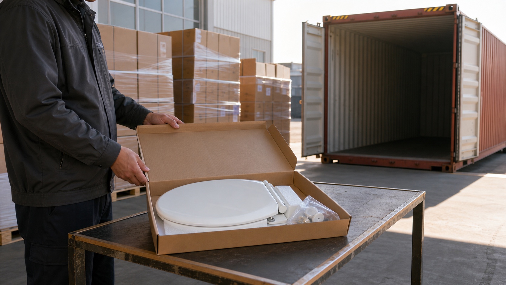 Pre-container-loading inspection of wholesale toilet seat cartons at a factory dock