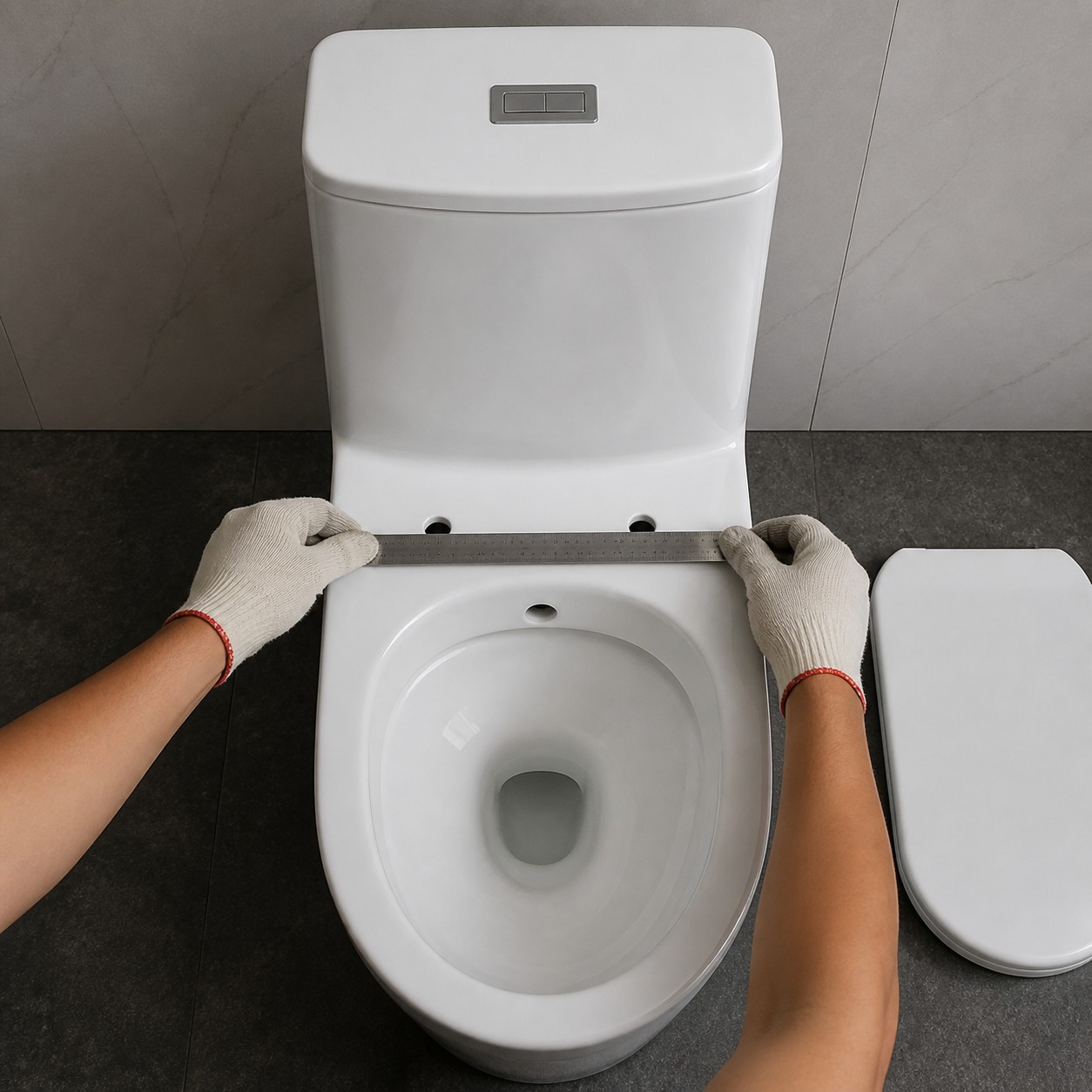 Steel rule measuring centre-to-centre spacing between two toilet seat fixing holes