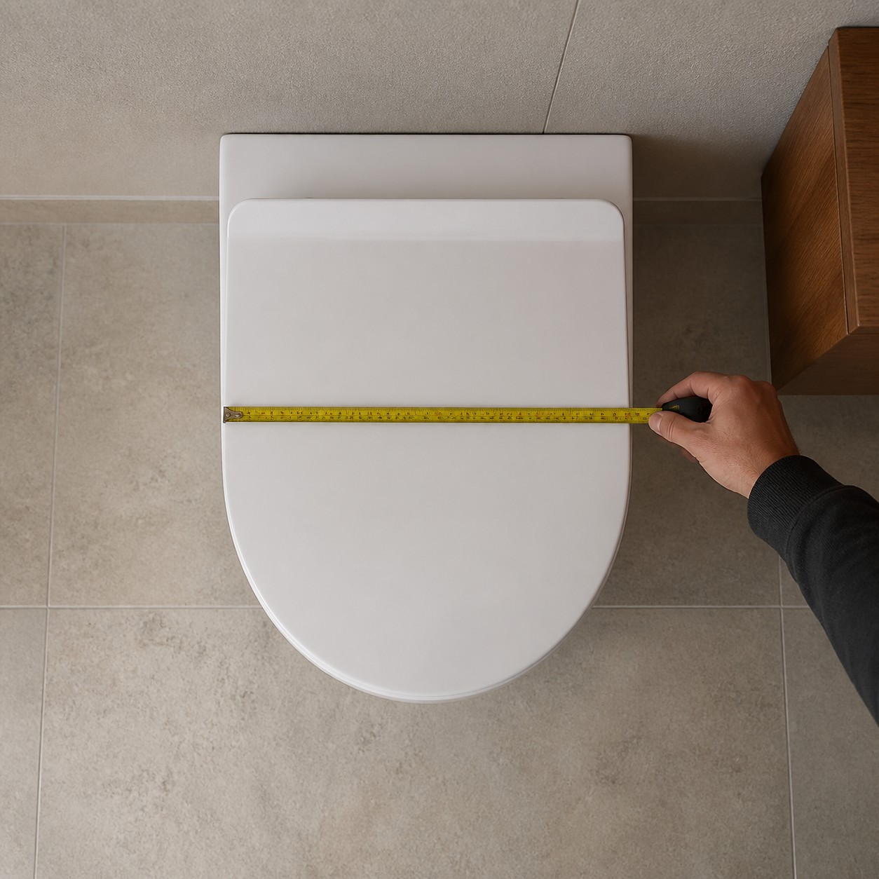 Toilet seat length measured from the hinge line to the front edge of a wall-hung toilet
