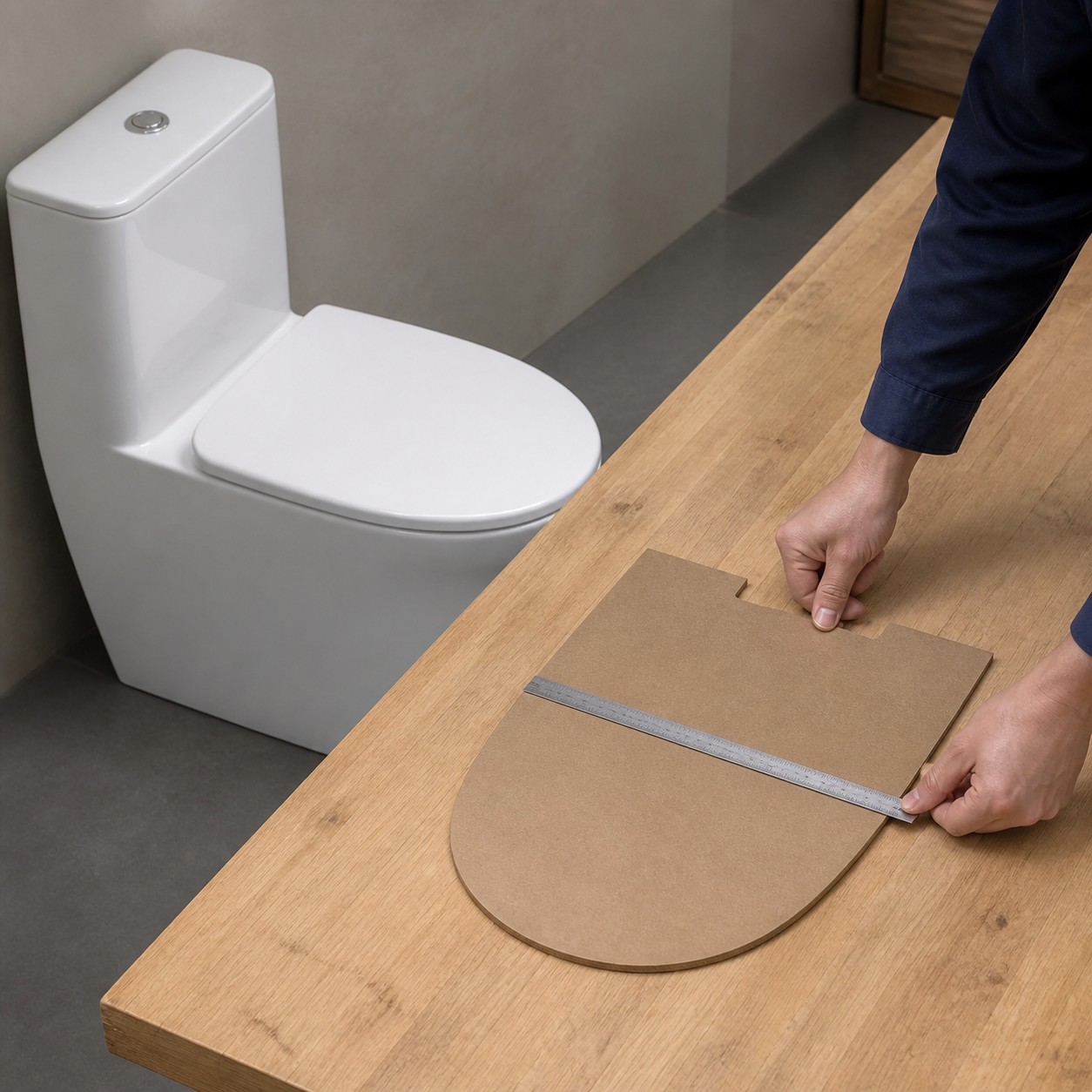 Cardboard toilet seat outline template checked at its maximum width